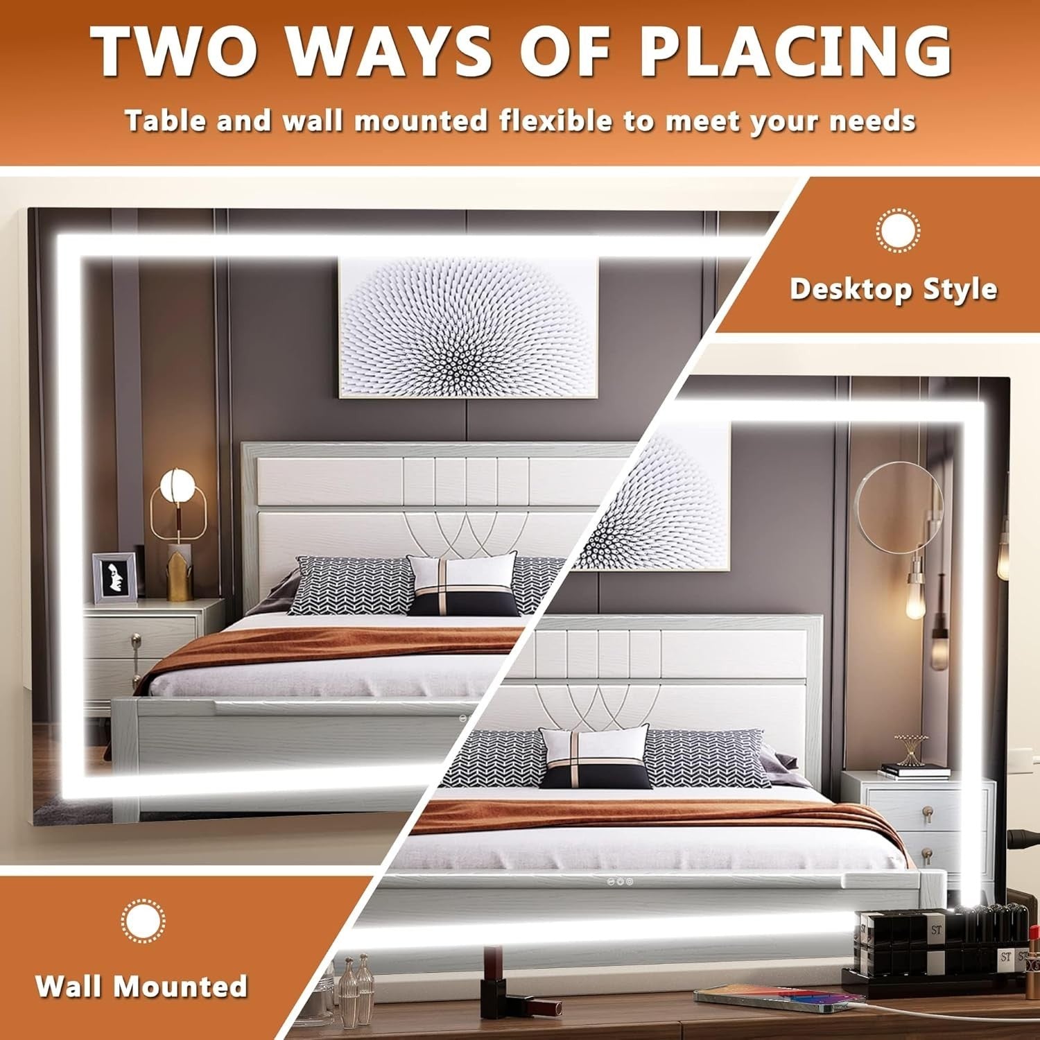 LED Vanity Mirror 58x48cm | Touch Control, 3 Light Modes, Wall/Table Mount