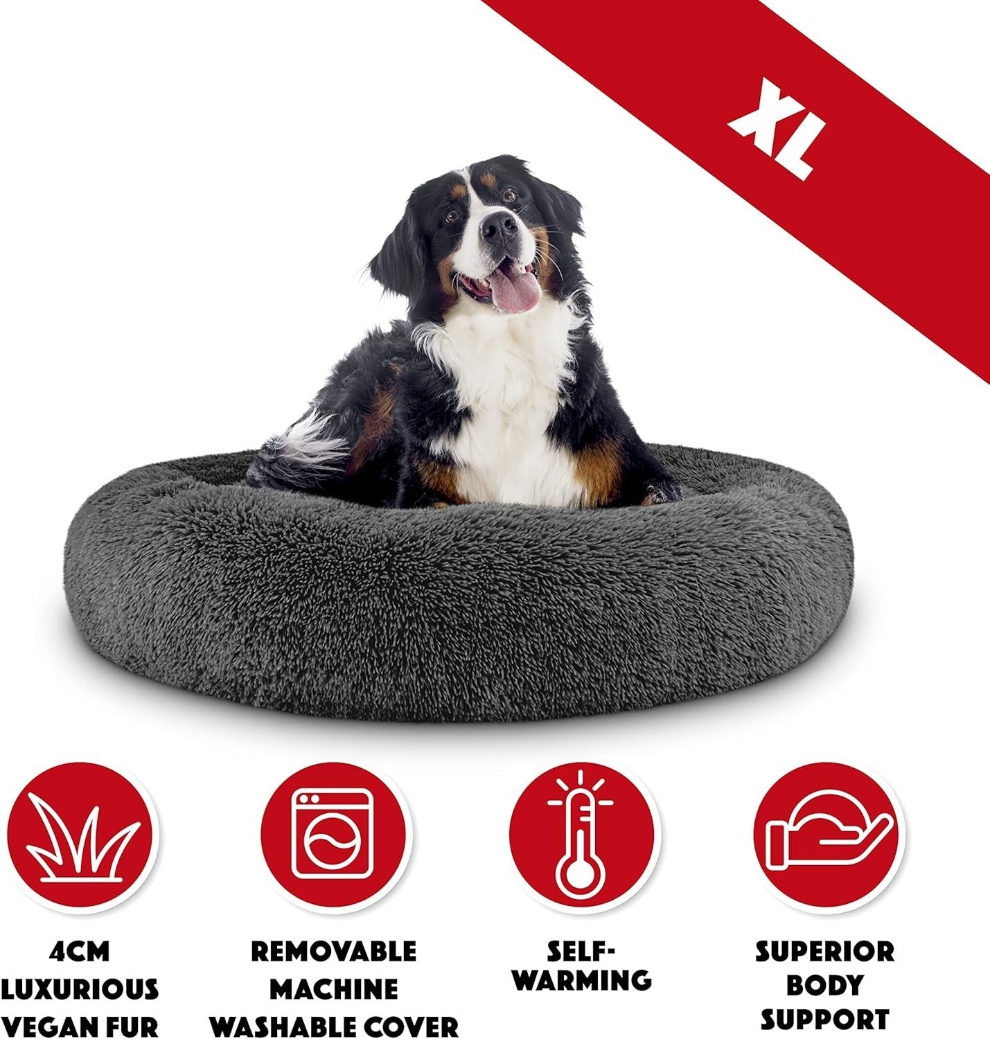XL Plush Donut Dog Bed 114cm Calming Round Nest Grey
