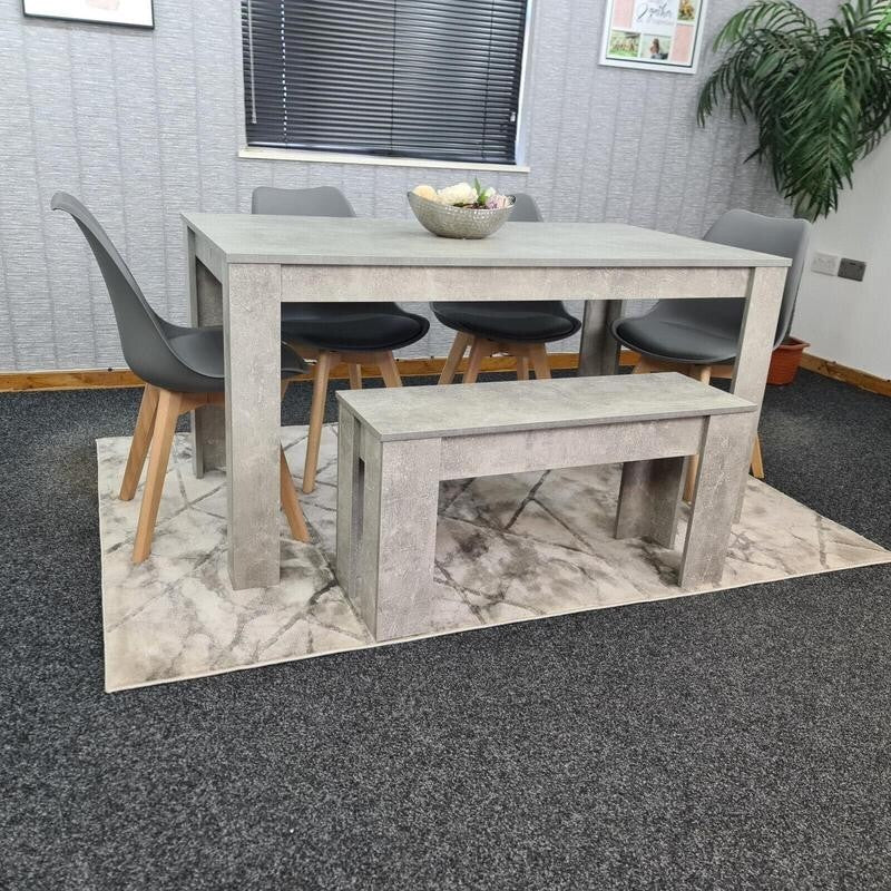 Stone Grey Dining Table Set with 4 Grey Chairs & Bench, 6 Seater Kitchen
