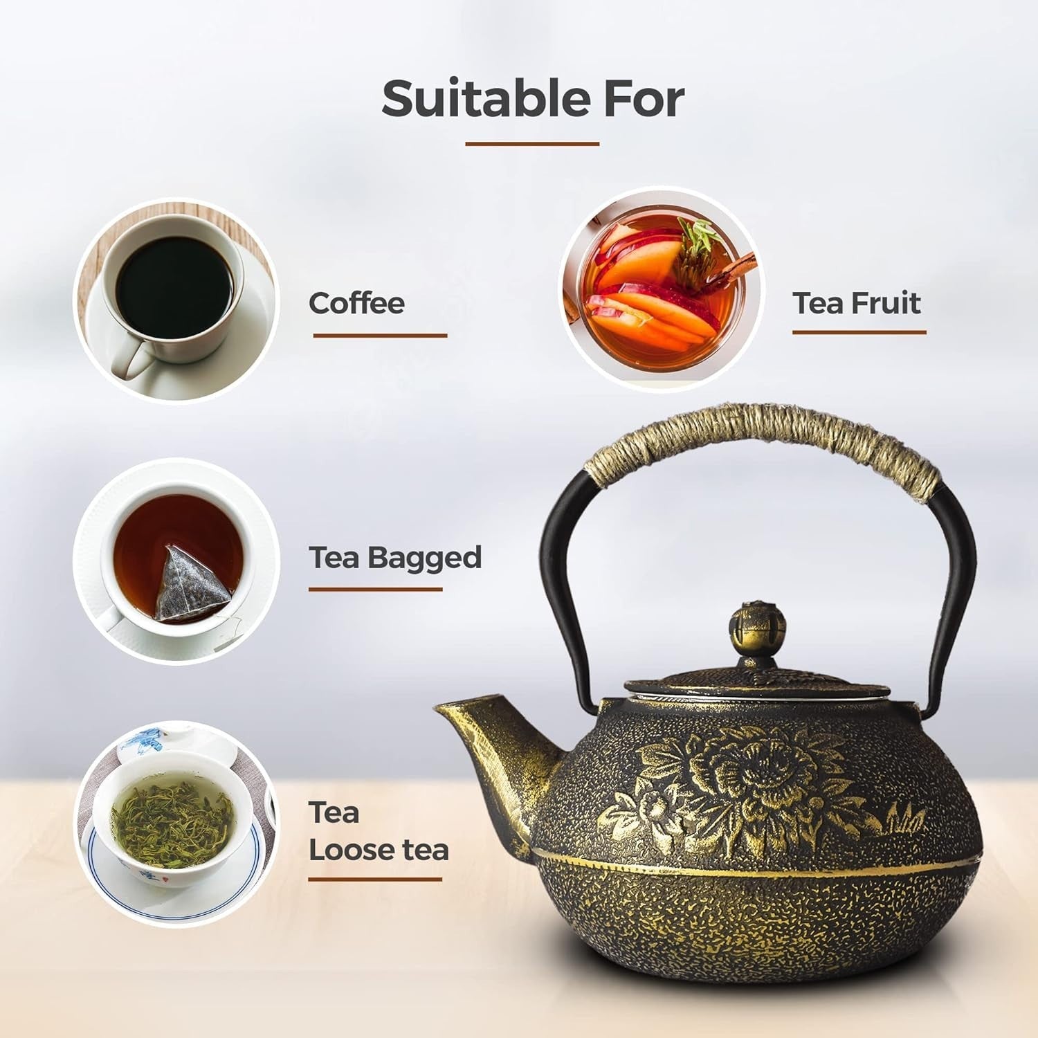 Cast Iron Teapot 1200ml Chinese Tetsubin Tea Pot w Infuser Black Gold