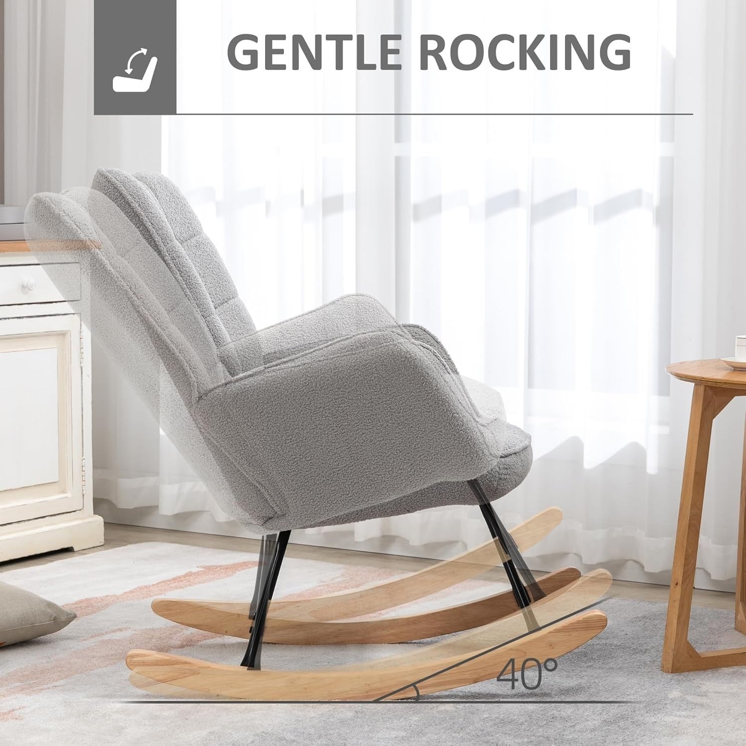 Light Grey Fleece Rocking Armchair – Soft Wingback Glider for Nursery & Home