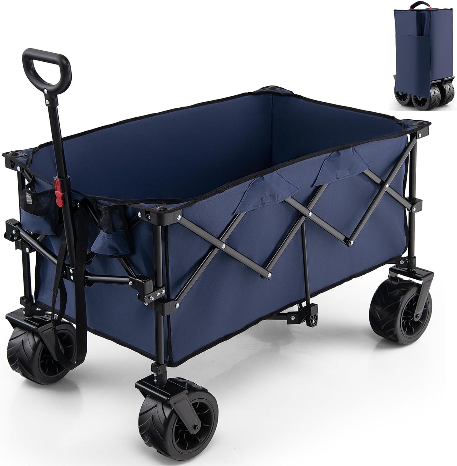Blue Foldable Wagon Cart Collapsible Garden Utility Trolley w/ Adjustable Handle