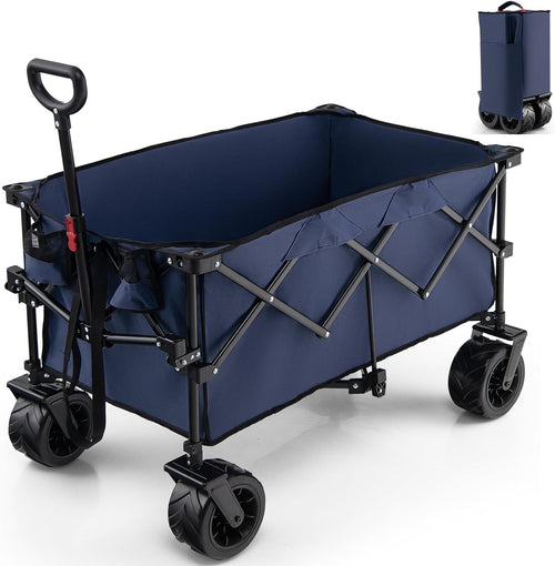 Blue Foldable Wagon Cart Collapsible Garden Utility Trolley w/ Adjustable Handle
