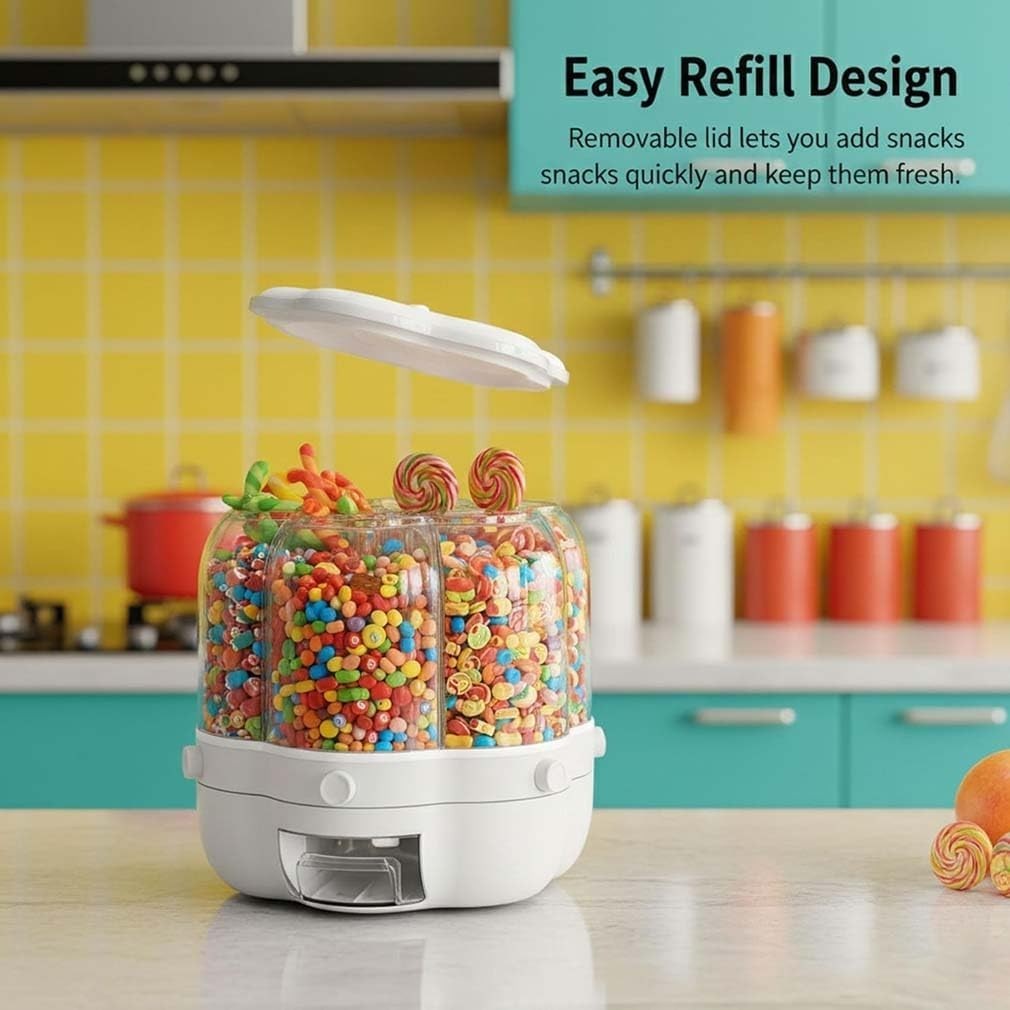 360° Rotating Candy Dispenser 6 Compartment Grain Snack Storage Bin