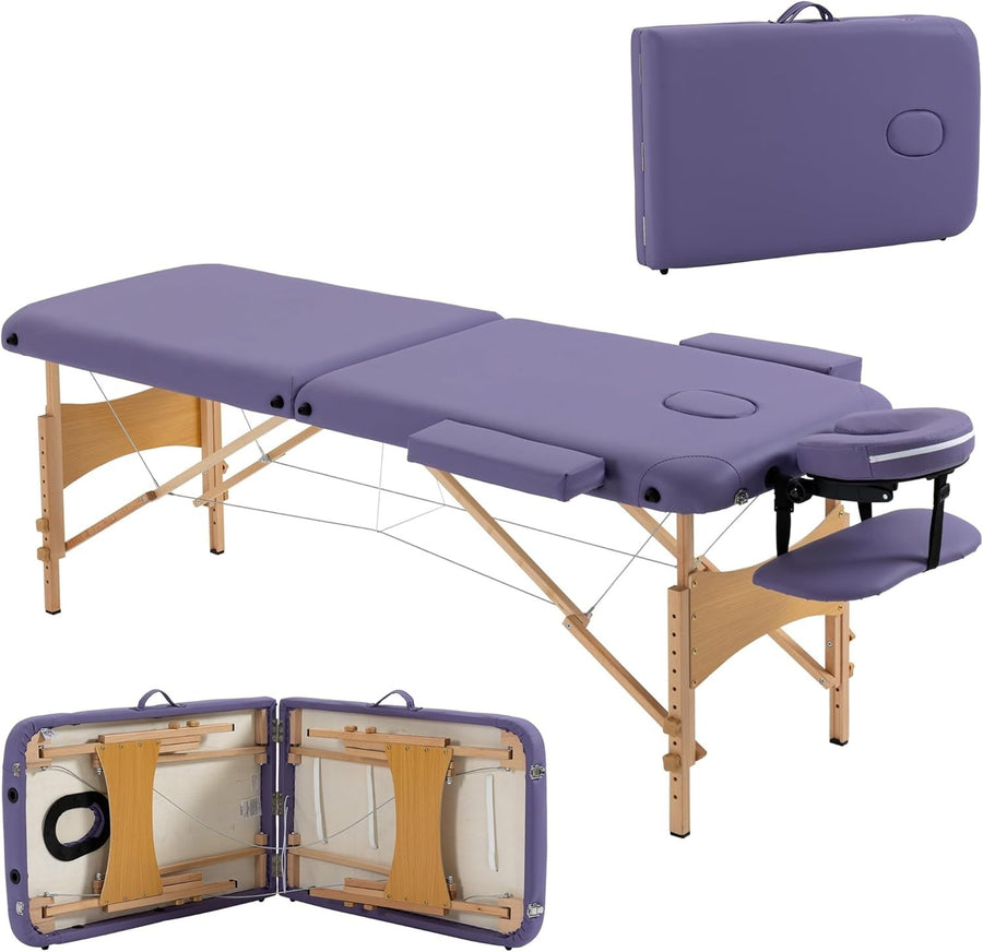 Portable Massage Table Folding 2-Section Wooden Beauty Spa Bed w/ Bag Purple