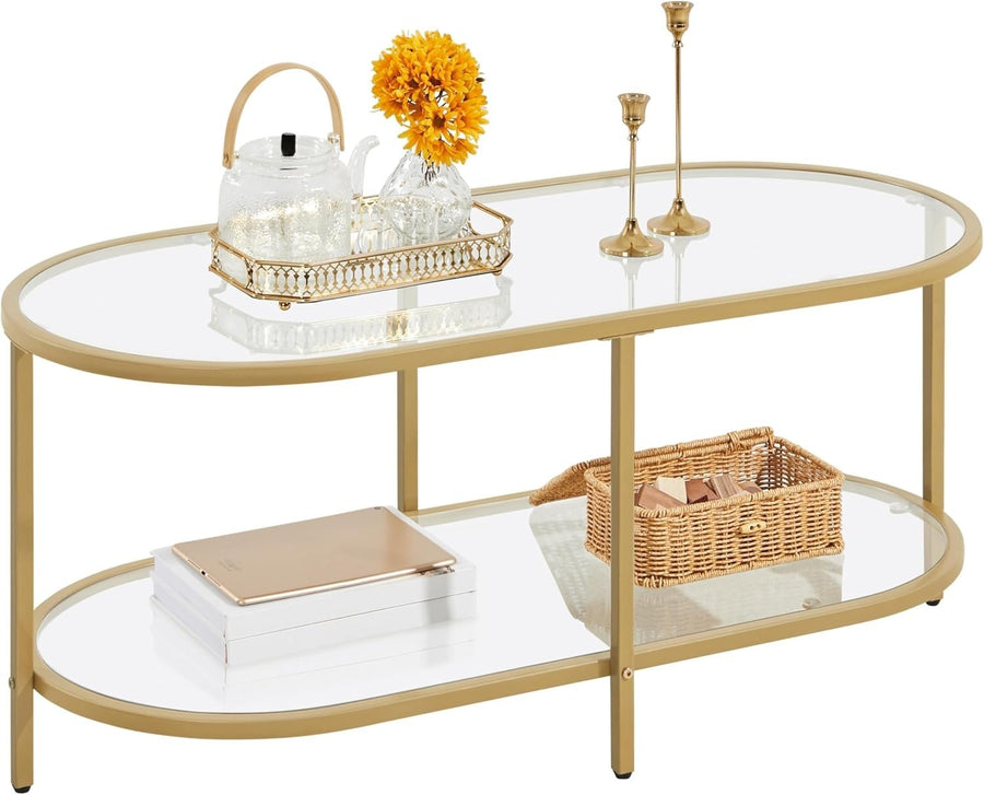 Modern Oval Glass Coffee Table 2-Tier Storage Metal Frame 106x50x44cm