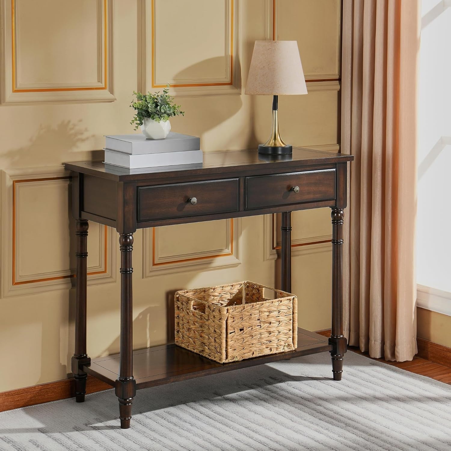 Solid Wood Console Table 90x35x77cm with 2 Drawers & Large Storage Shelf