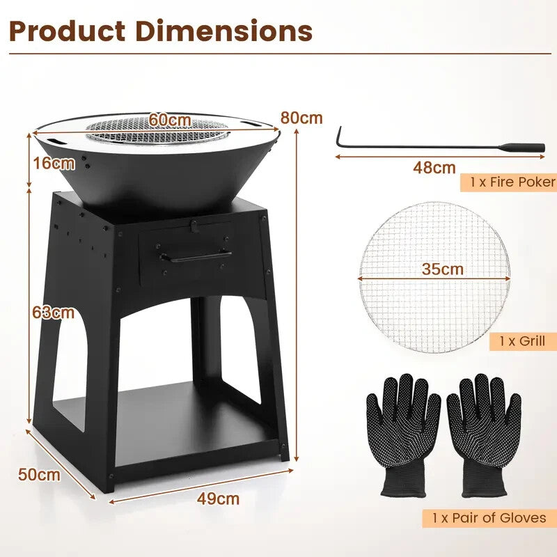 Outdoor Fire Pit BBQ Grill Wood/Coal Burner w/ Tools, Rack & Gloves