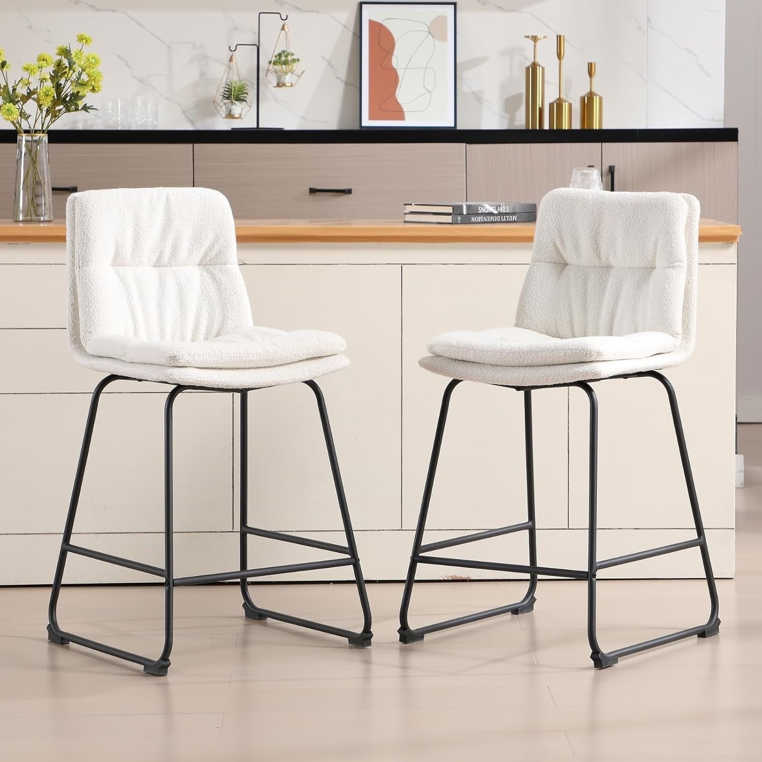 Modern White Bar Stools Set of 2 – Teddy Fabric Counter Chairs