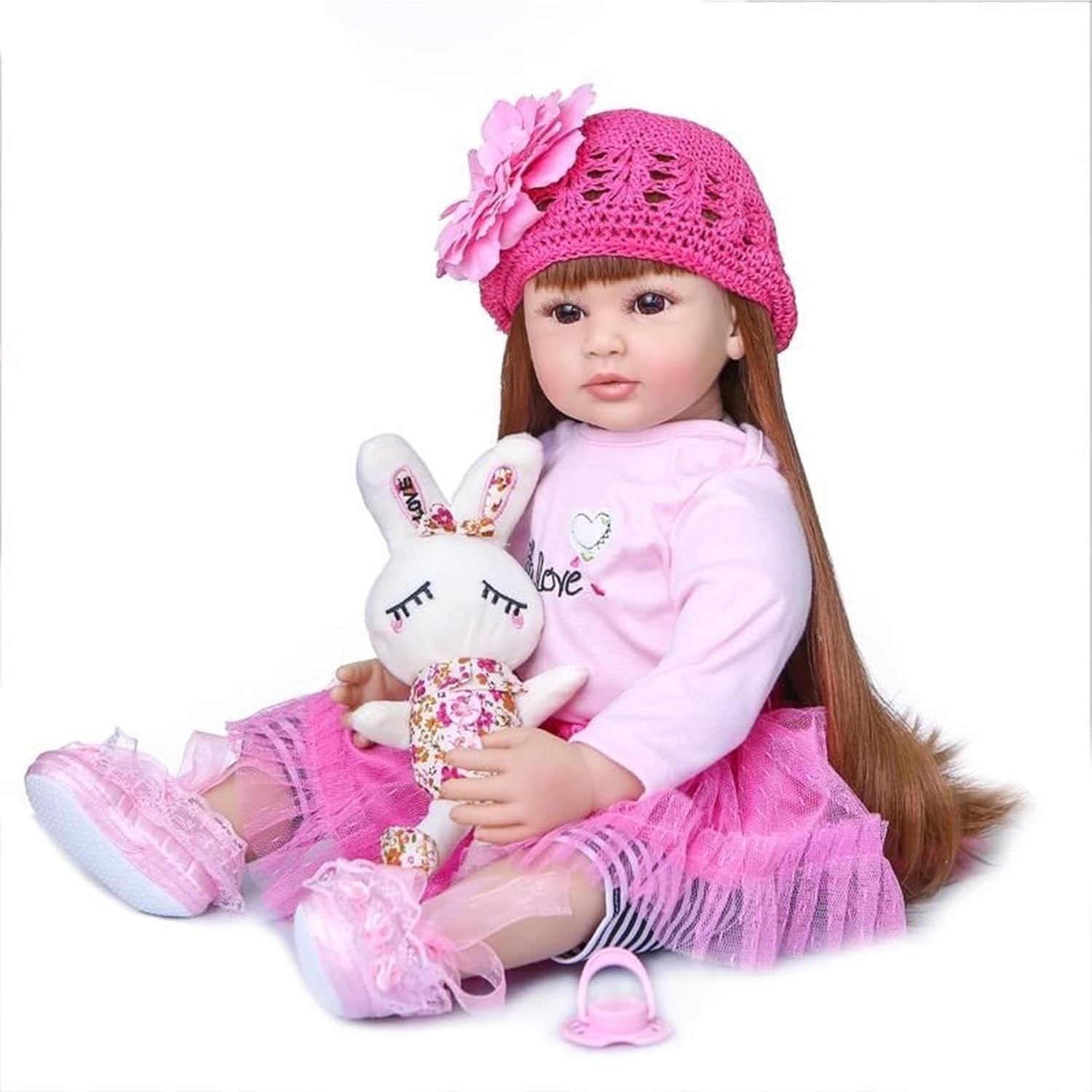 24in Lifelike Reborn Baby Girl Doll Soft Silicone Vinyl Long Hair