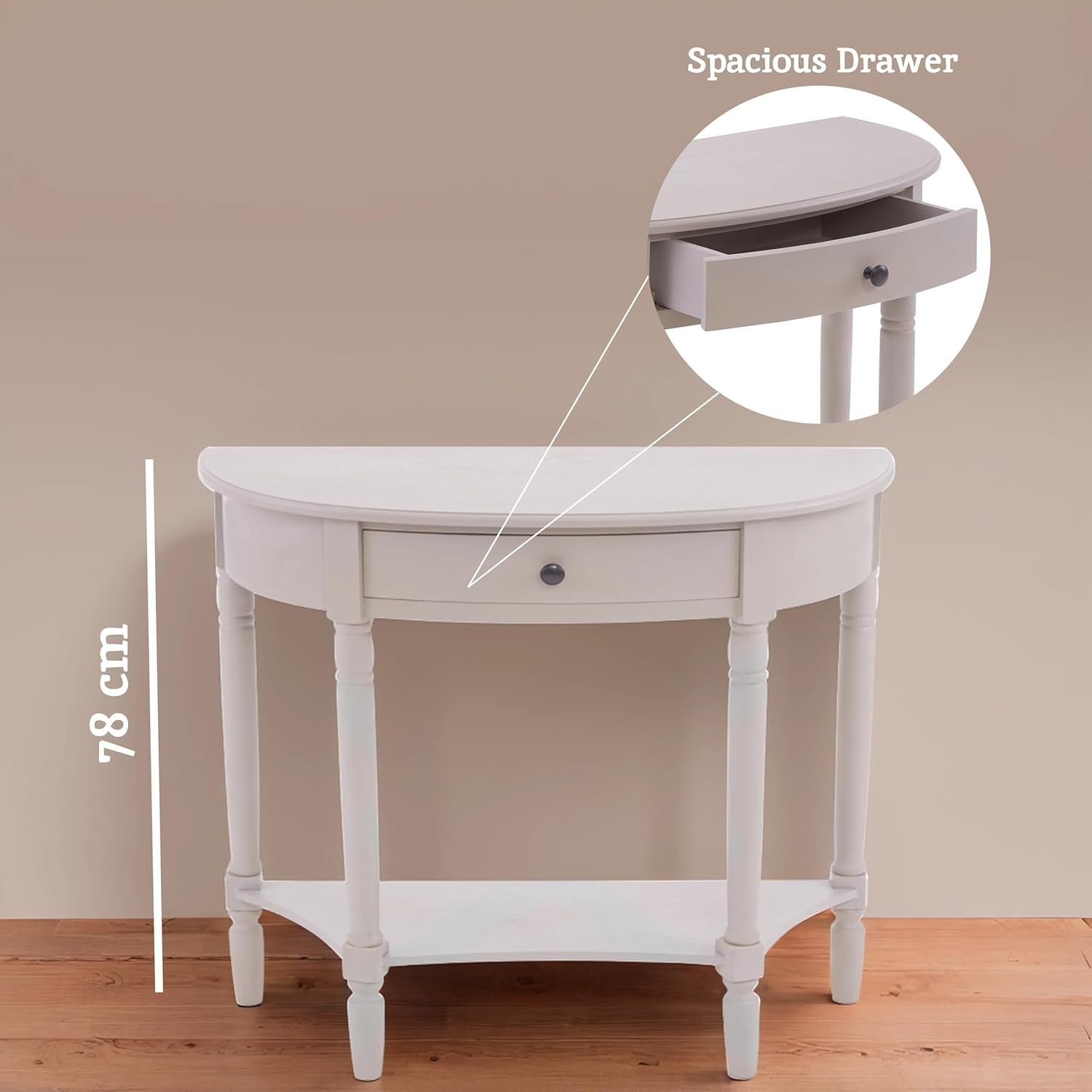 Narrow Half Moon Console Table with Drawer, Slim Hallway Accent 78cm