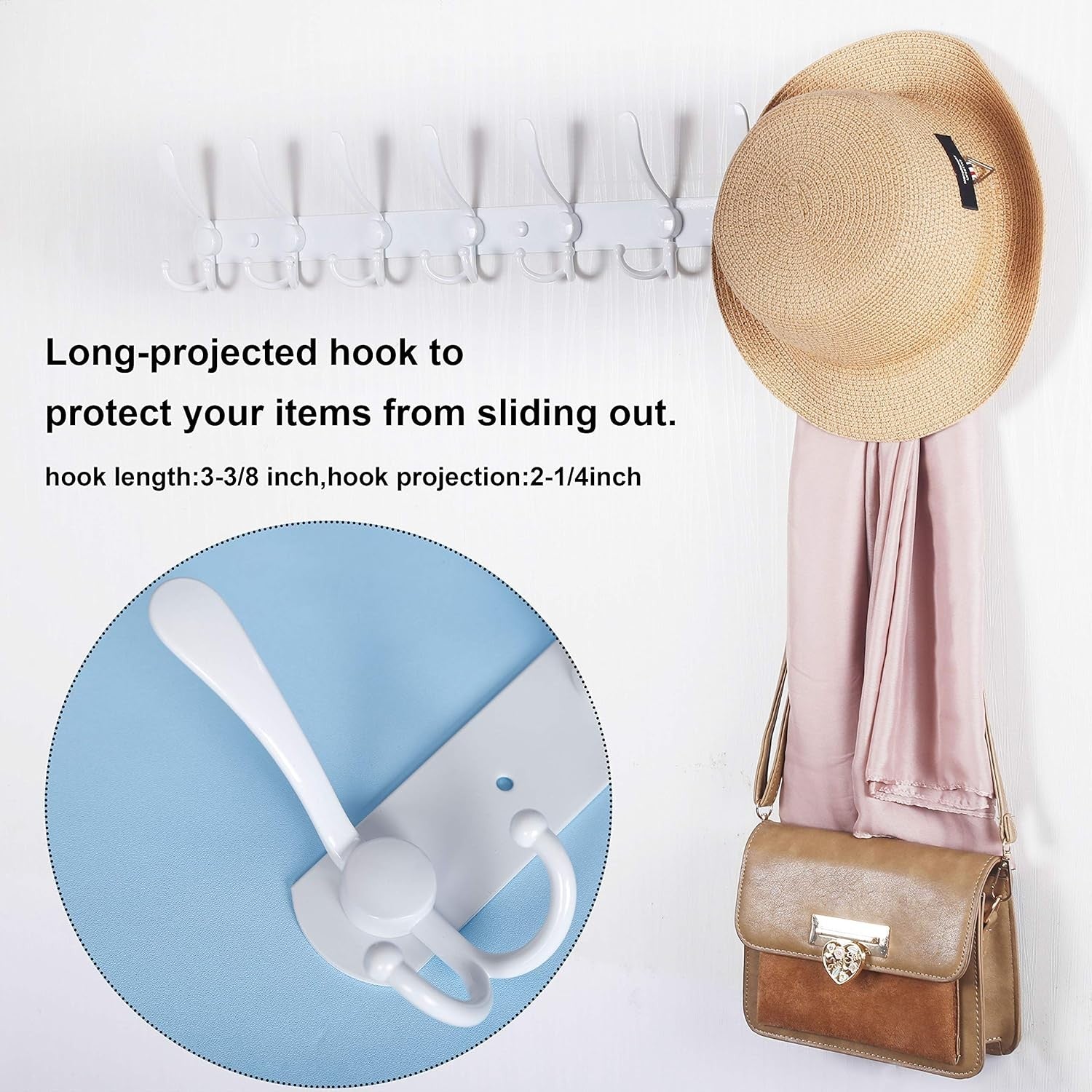 75cm Wall Mounted Coat Rack with 8 Hooks | White Metal Hook Rail Hanger