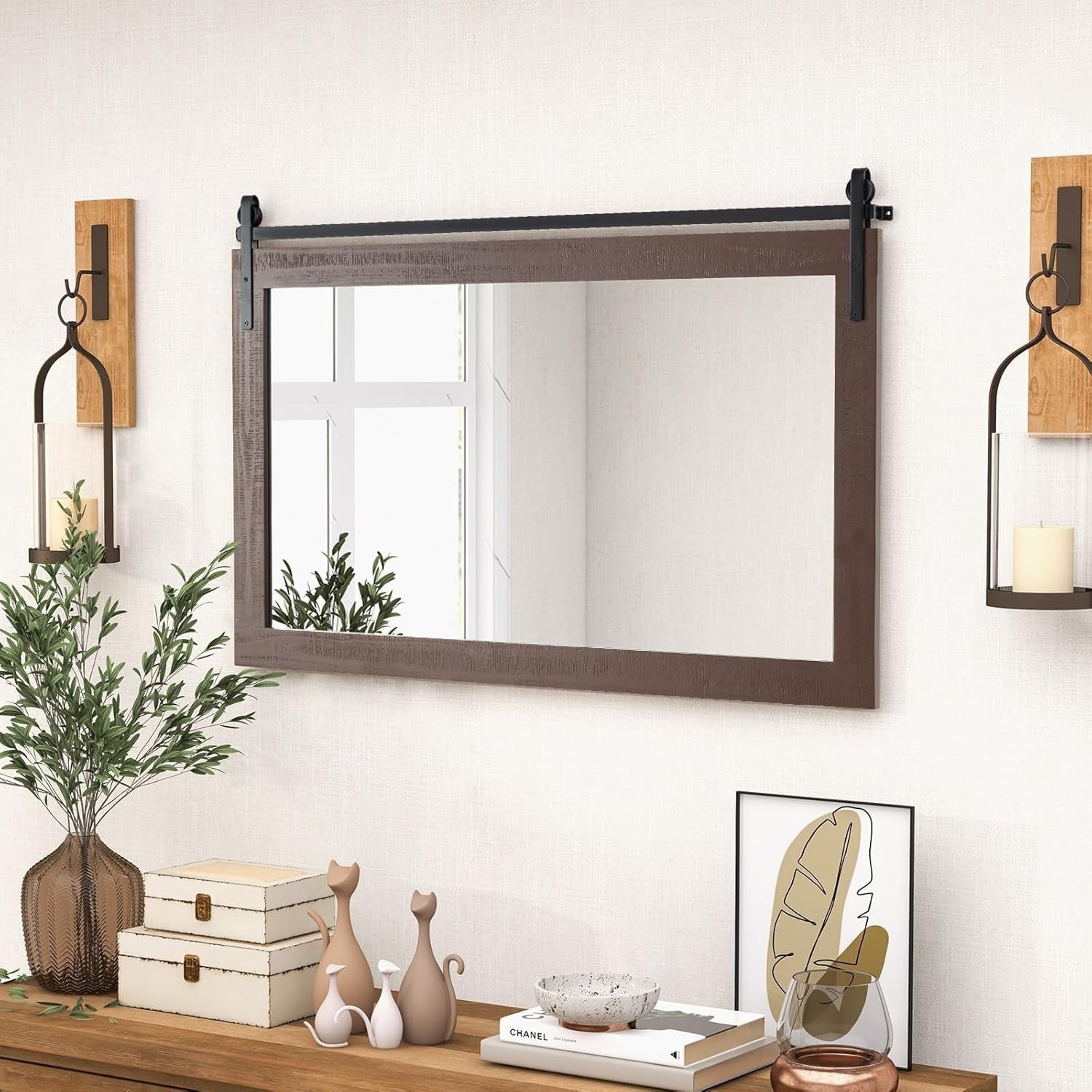 Barn Door Wall Mirror Walnut 101x66cm Rustic Farmhouse Wood Vanity Decor