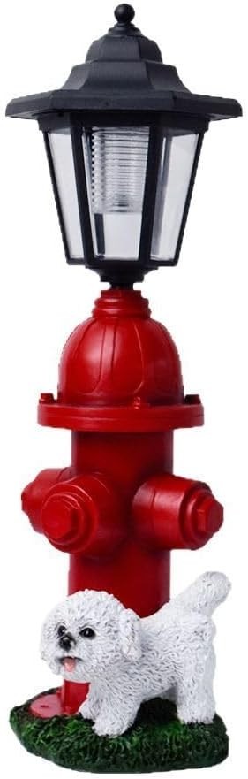 Puppy Garden Ornament with Hydrant & Solar Lamp • Resin Outdoor Statue Decor