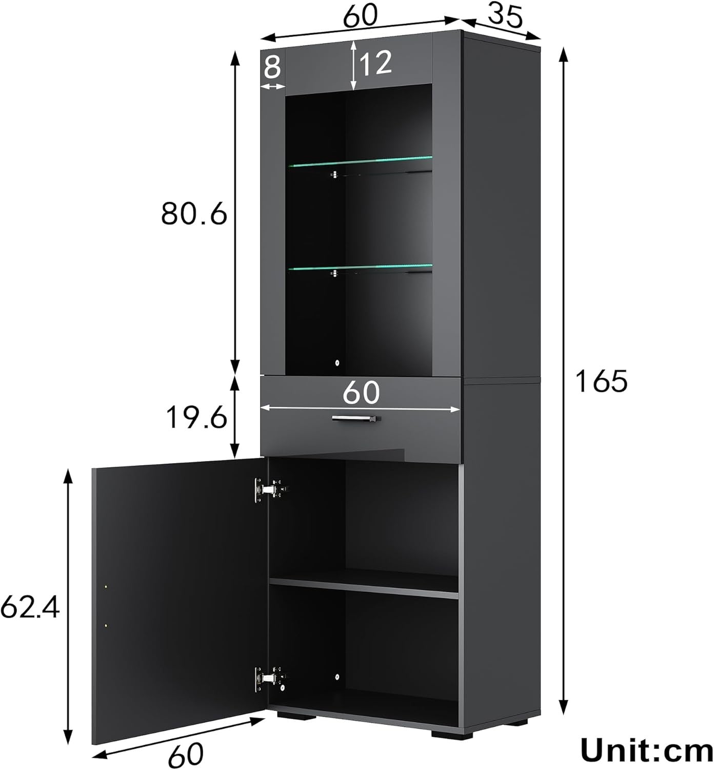 Tall Black Gloss LED Display Cabinet with Drawer & 5 Shelves Modern Storage Unit