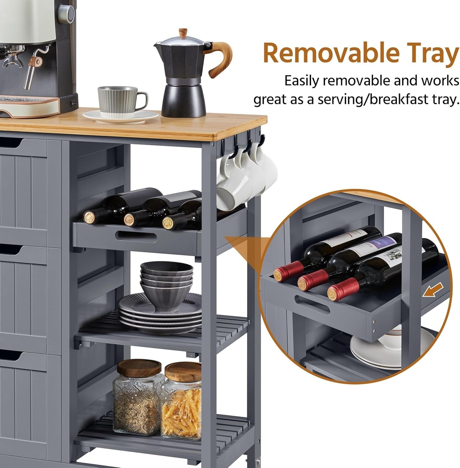 Dark Gray Kitchen Storage Trolley on Wheels with Drawers, Shelves & Tray