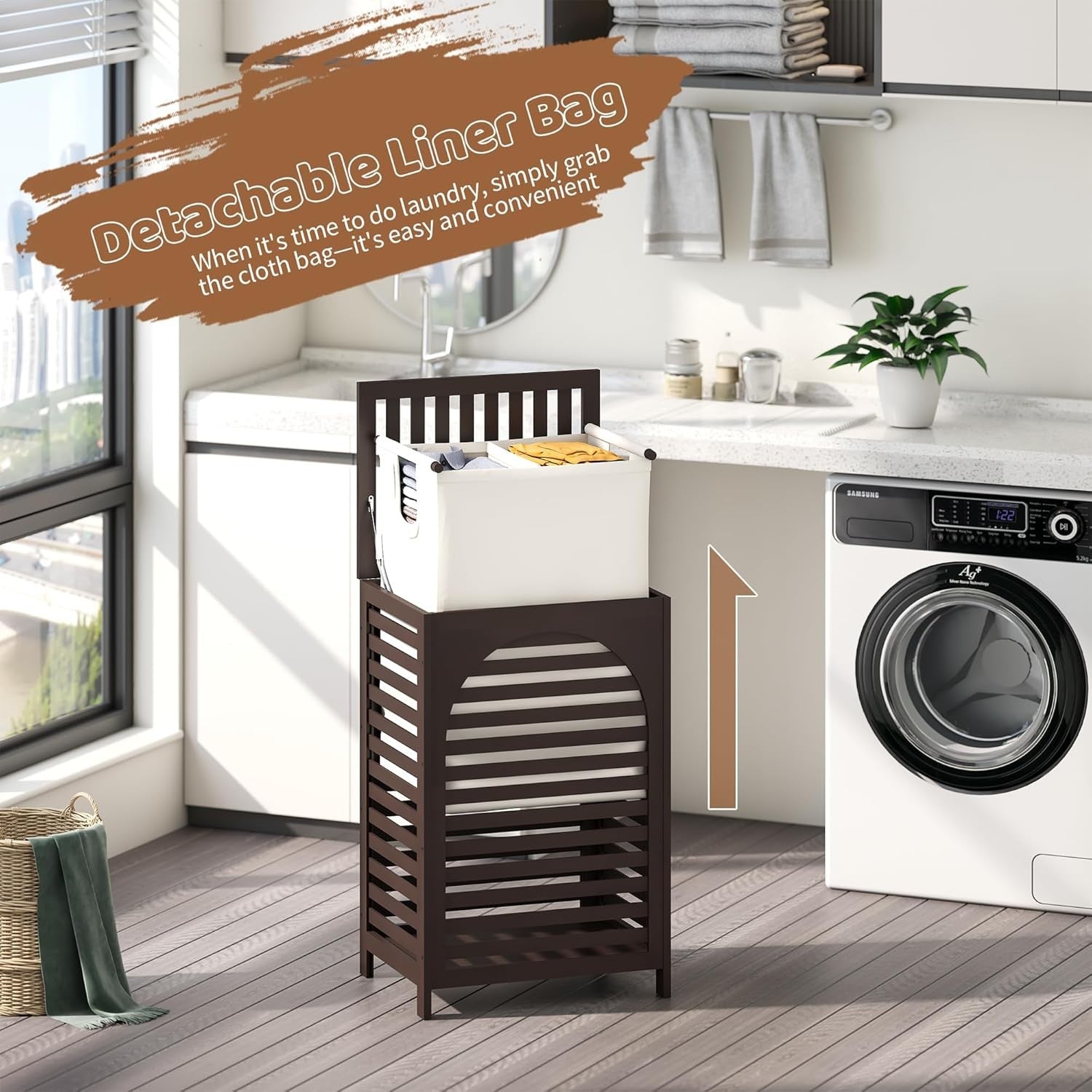 85L Bamboo Laundry Hamper with Lid Large Laundry Basket Removable Liner Brown
