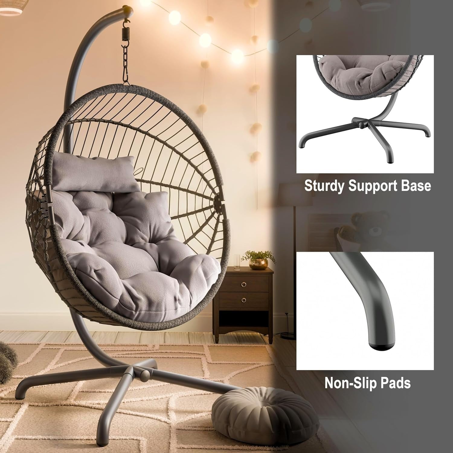 Dark Grey Hanging Egg Chair with Stand Thick Cushion Indoor Outdoor Swing