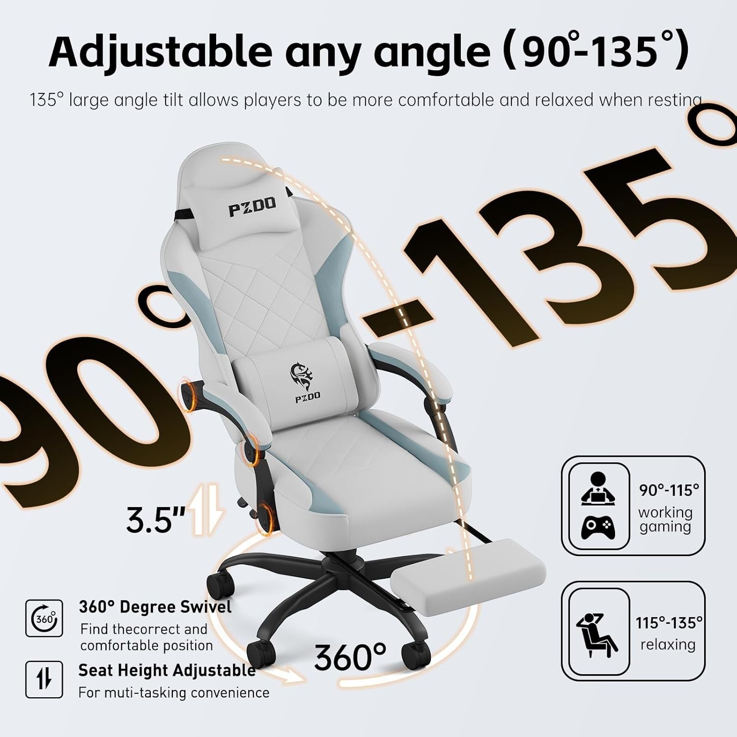Ergonomic Gaming Chair Fabric Recliner w/ Footrest 350lbs Grey