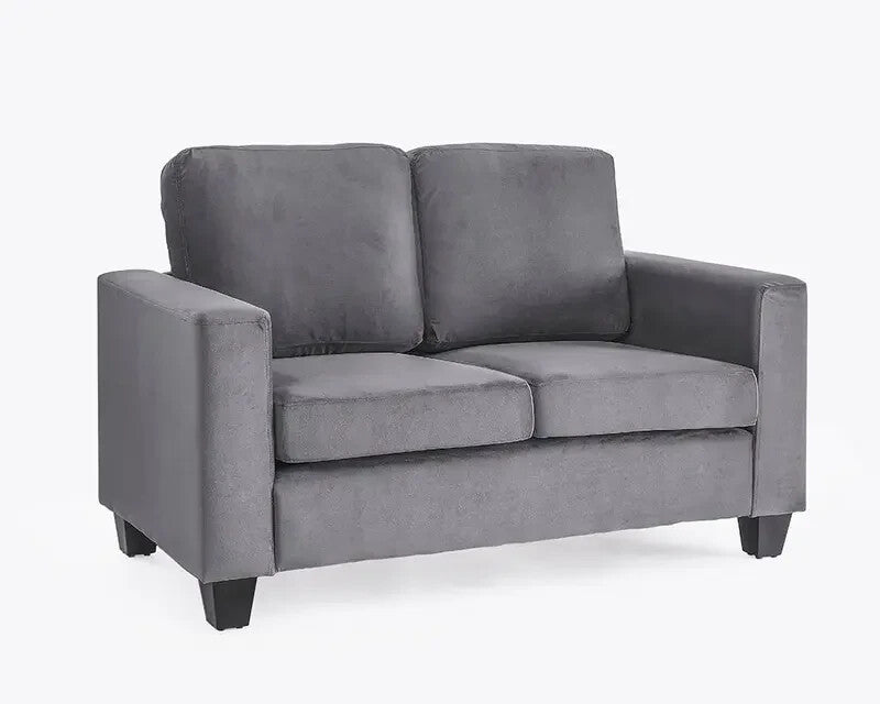 2 Seater Grey Velvet Sofa | Compact Couch in a Box w/ Foam Seat & Wood Legs