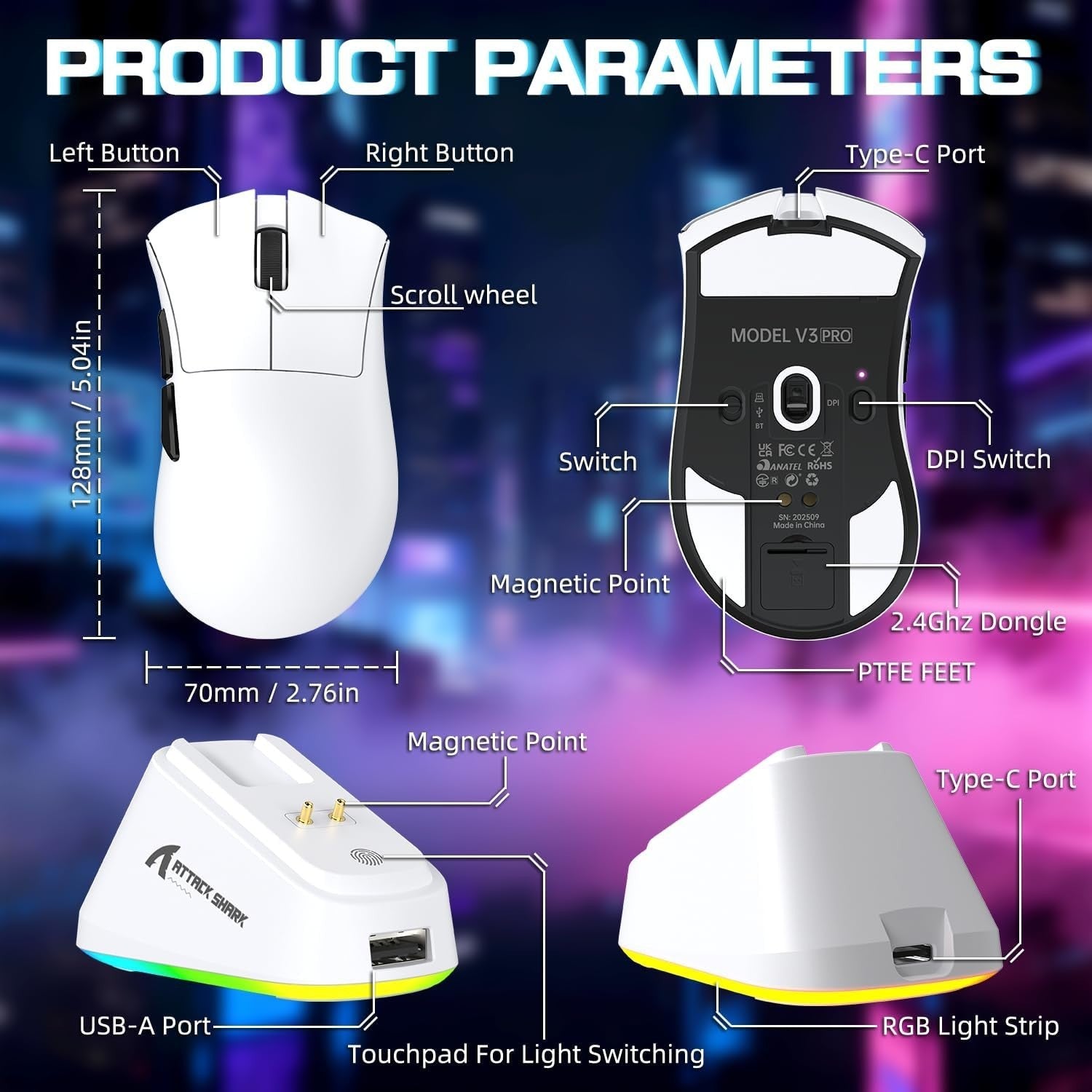 Wireless Gaming Mouse 25000 DPI 65g RGB Dock 100M Clicks White