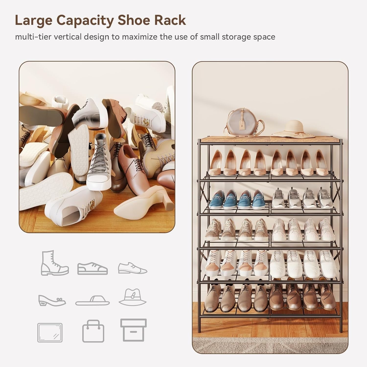 6 Tier Metal Shoe Rack Organizer – Holds 24 Pairs, Rustic Wood Shelf