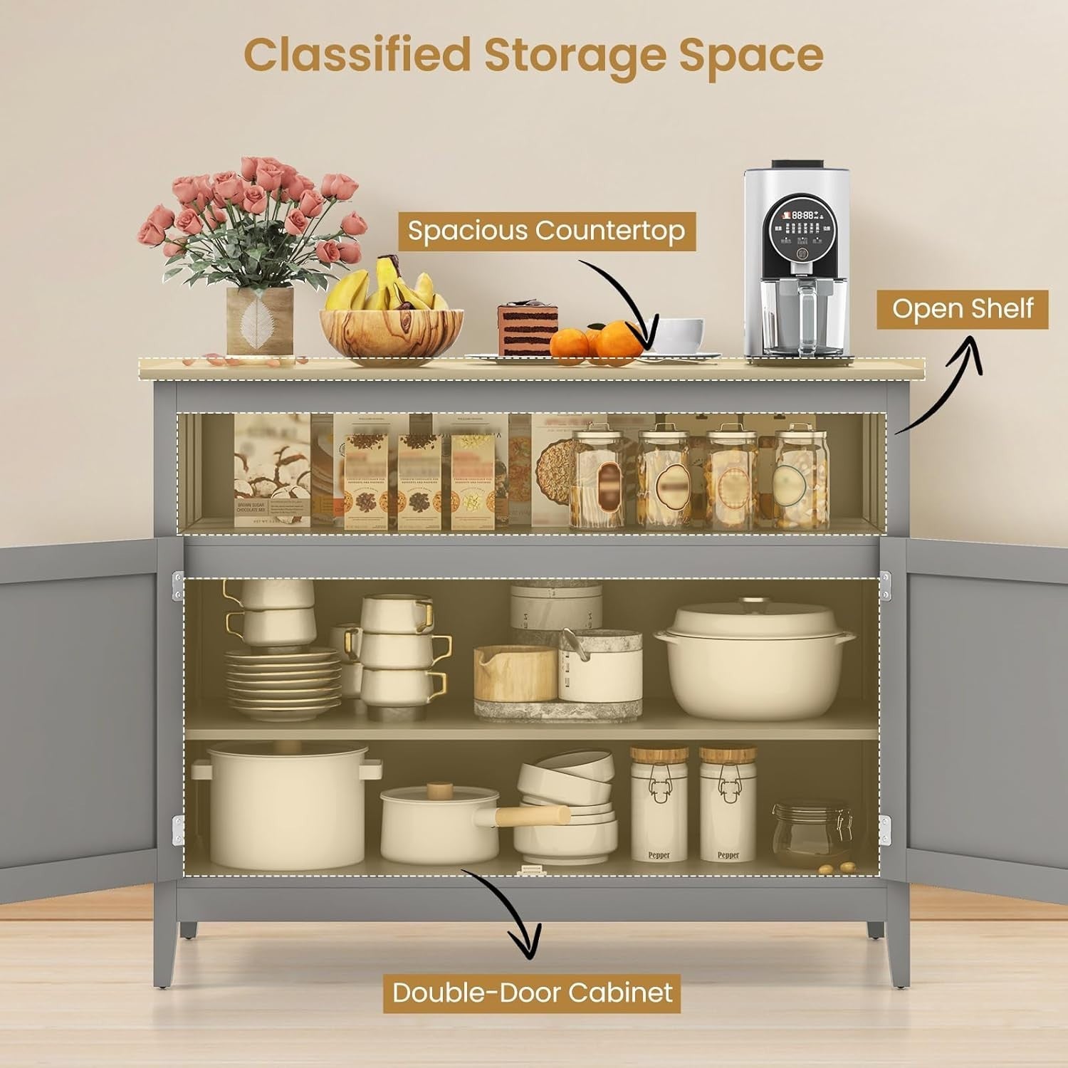 Grey Sideboard Buffet Table with Doors & Adjustable Shelf for Dining Room