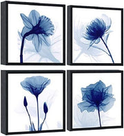 Blue Flower Canvas Wall Art 4 Panel Framed Modern