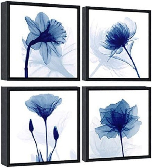 Blue Flower Canvas Wall Art 4 Panel Framed Modern