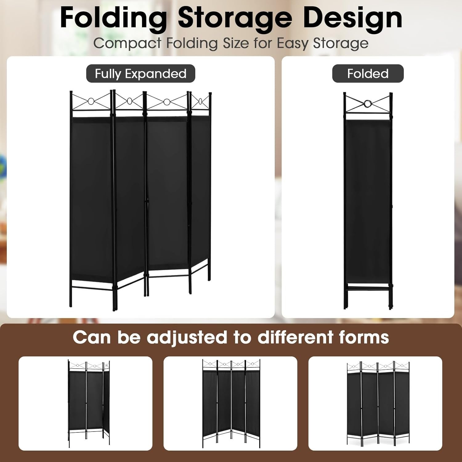 4 Panel Black Folding Room Divider Screen Privacy Partition for Bedroom Office