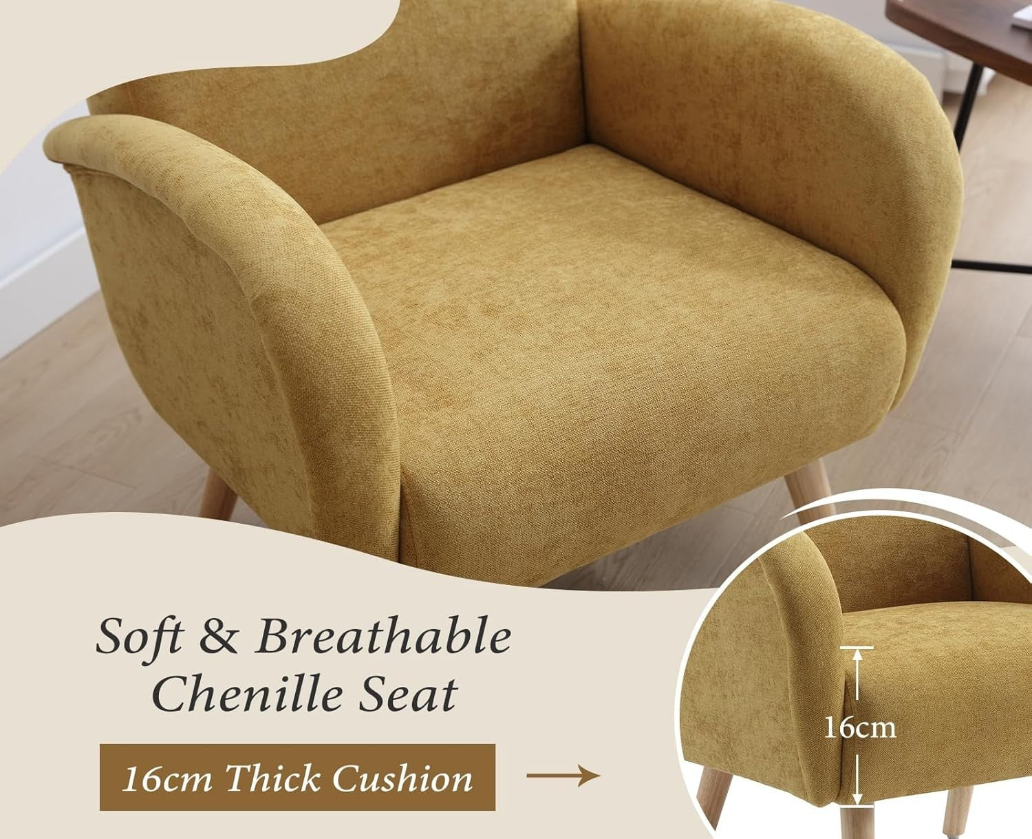 Yellow Chenille Accent Armchair High Back Lounge Chair Wooden Legs Modern