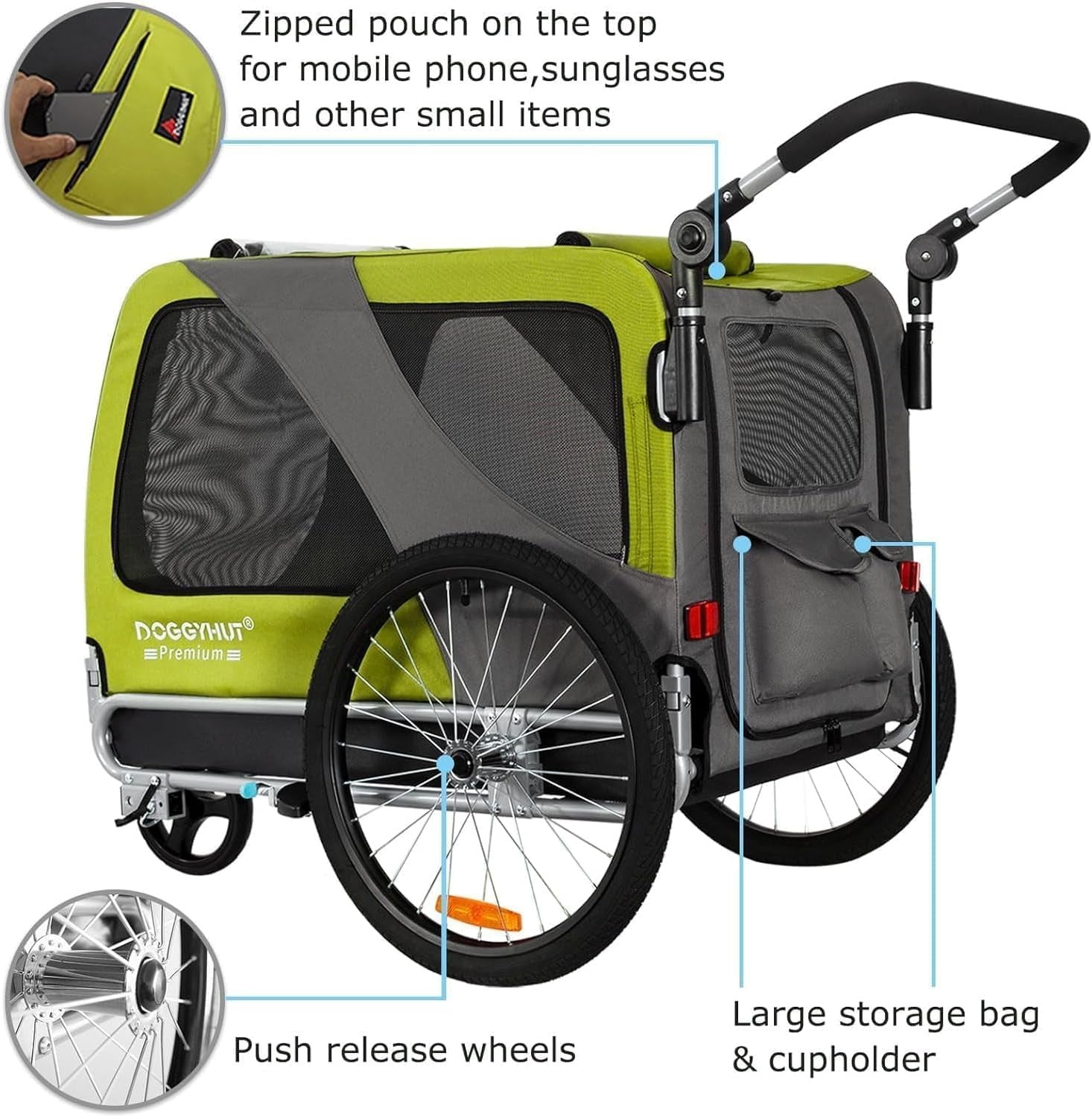 XL Dog Bike Trailer & Push Stroller 45kg Heavy Duty Green Black