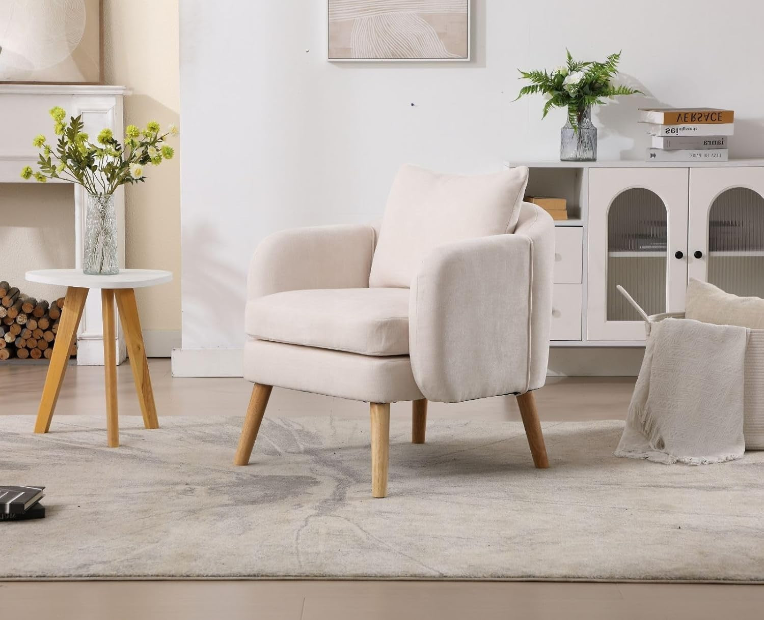 Beige Accent Armchair Chenille Lounge Chair with Wood Legs for Living Room
