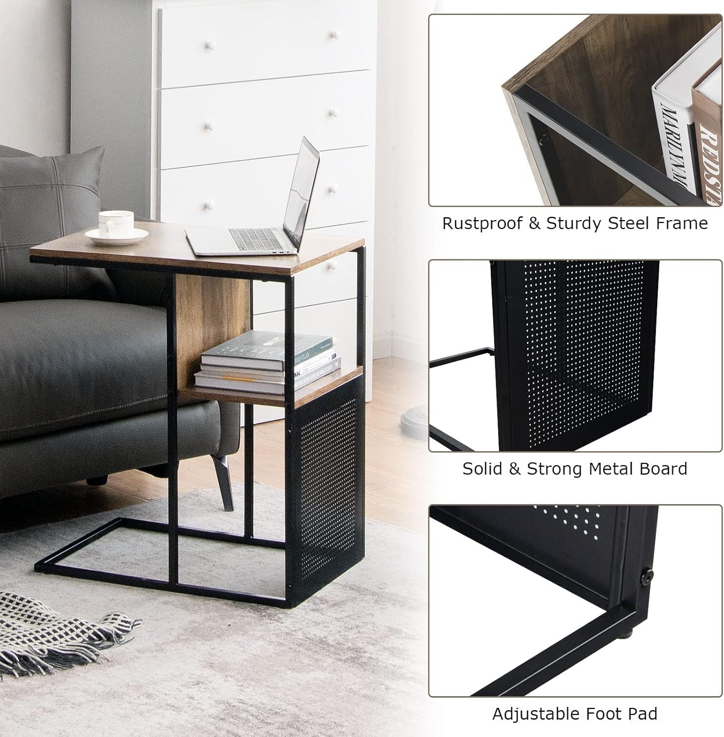 Reversible C-Shaped Industrial Side Table with Storage Shelf – Metal & Wood Beds