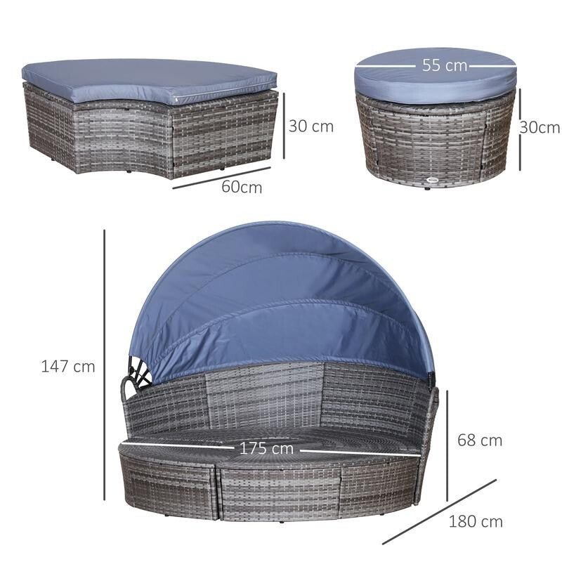 6 Seater Rattan Garden Sofa Bed Set with Canopy Coffee Table Cushions Grey