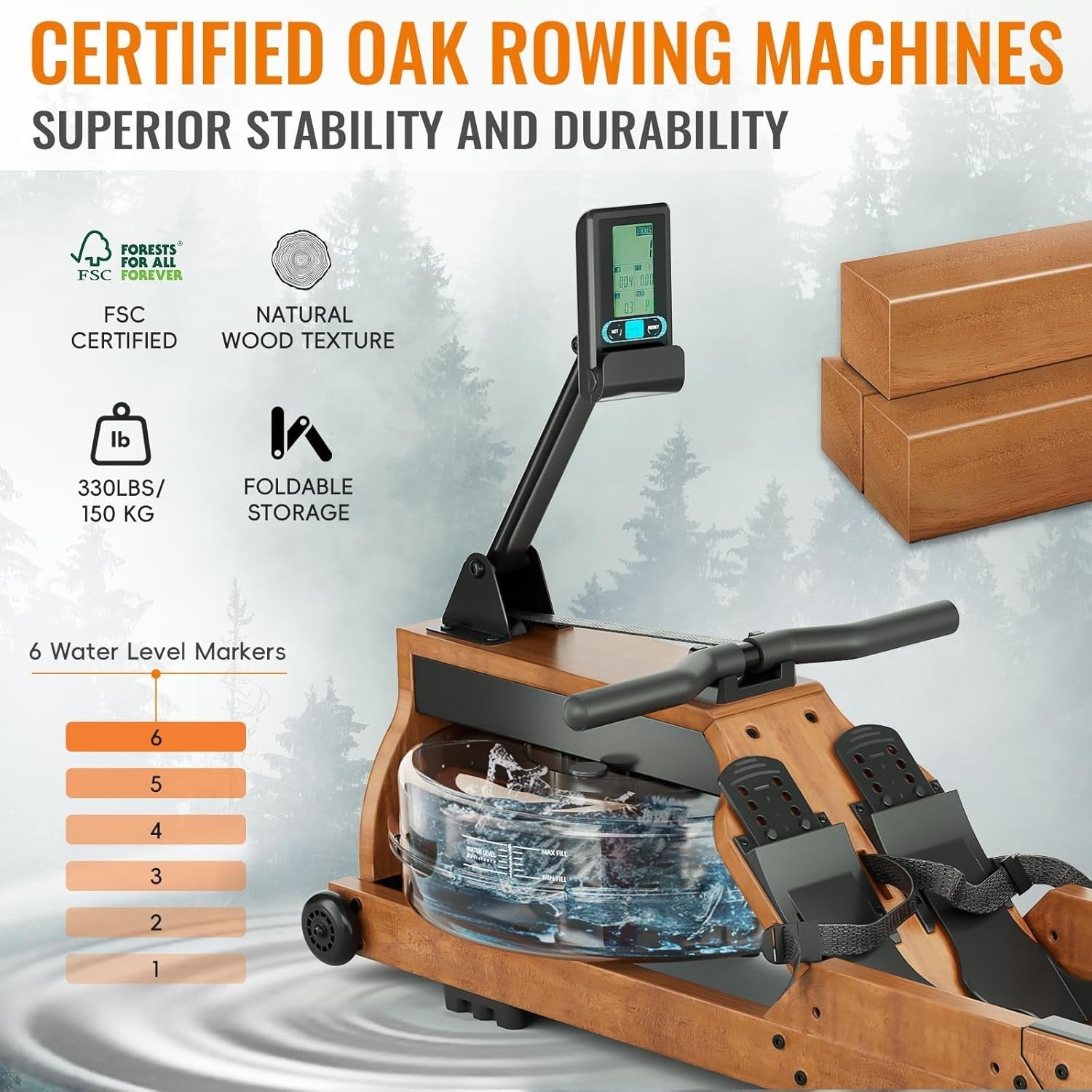 Foldable Oak Wood Water Rowing Machine Bluetooth LCD Home Rower 330LB Capacity