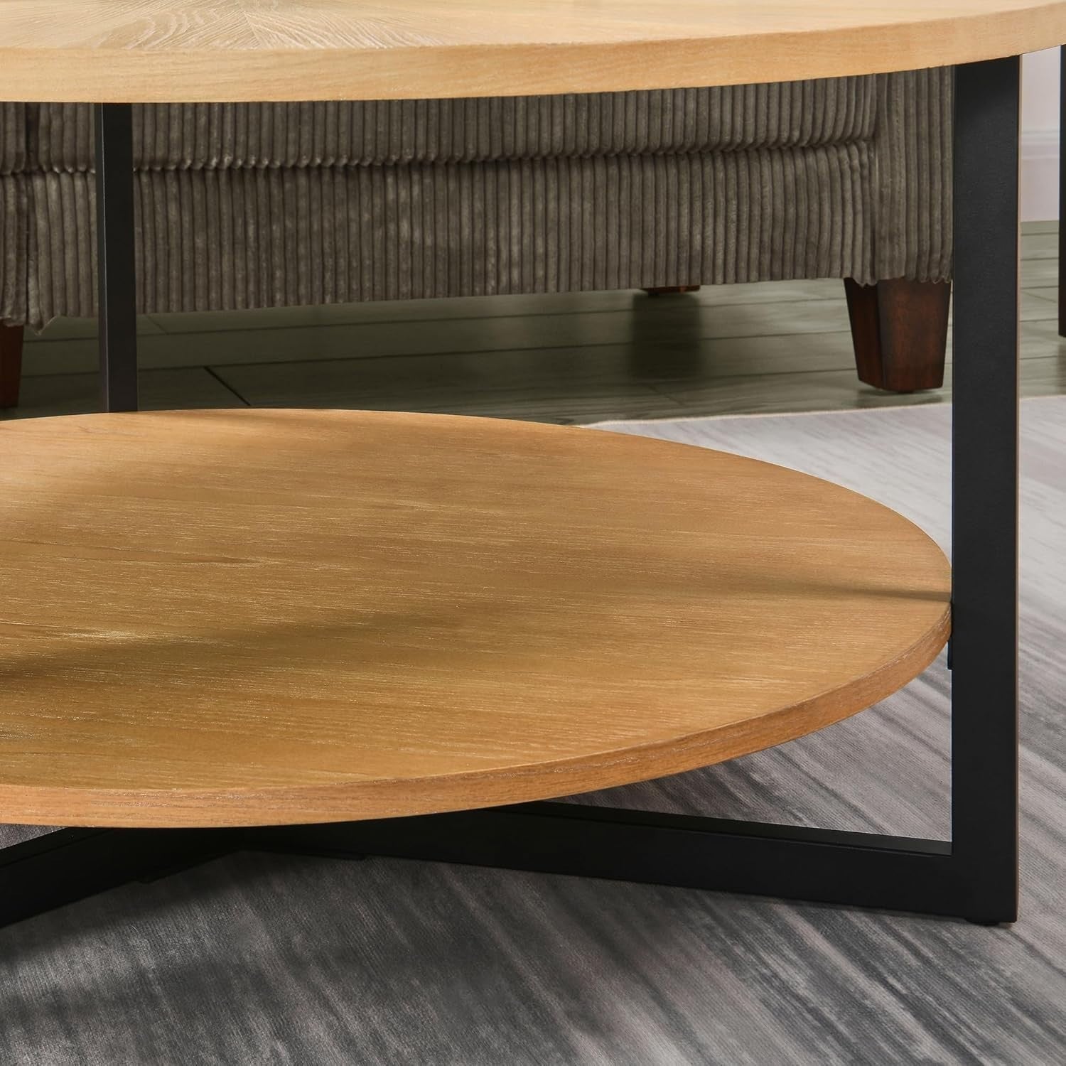 Round 2-Tier Solid Wood Coffee Table with Storage & Black Metal Legs 85cm