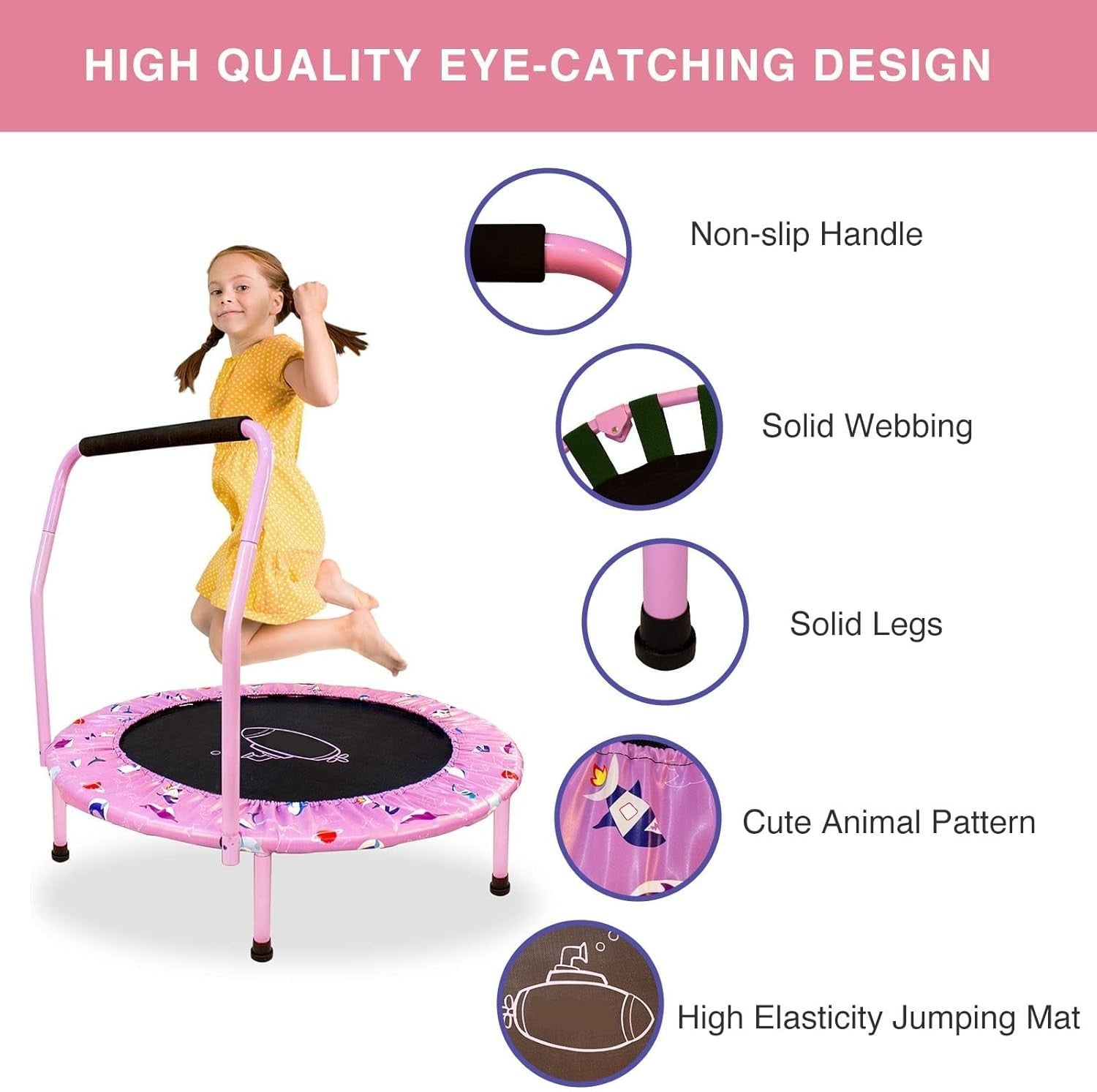 38in Kids Quiet Foldable Rebounder Trampoline Adjustable Handle
