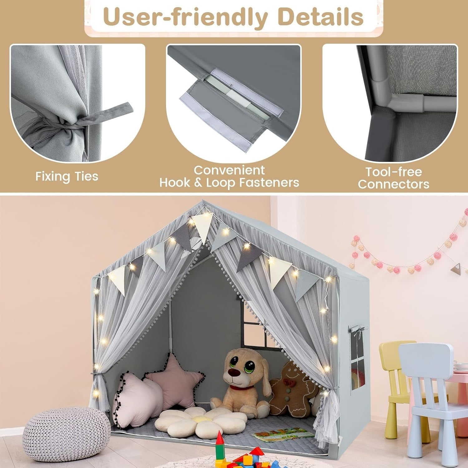 Large Kids Play Tent Castle Indoor w Star Lights Mat Windows Gift