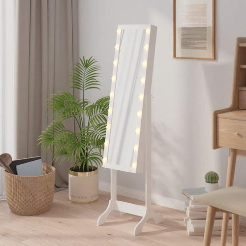 LED Standing Mirror Jewelry Cabinet Tilt Adjustable Storage Armoire White