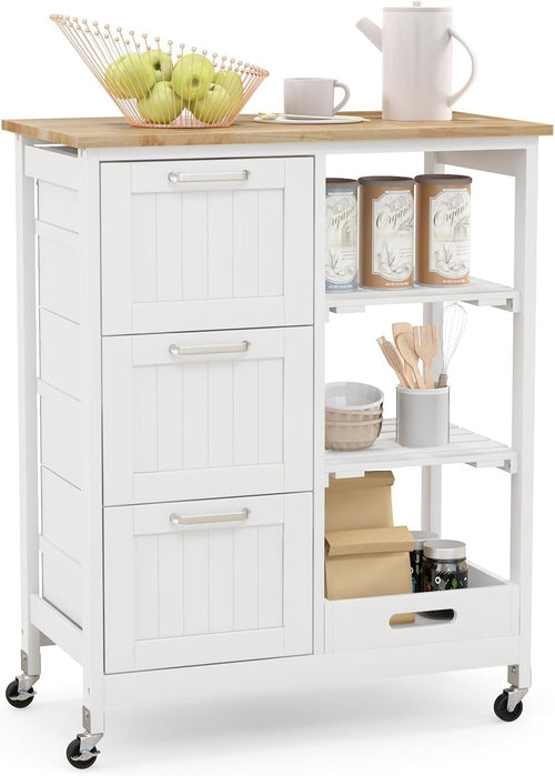 Rolling Kitchen Island Cart with 3 Drawers, Open Shelves & Locking Wheels