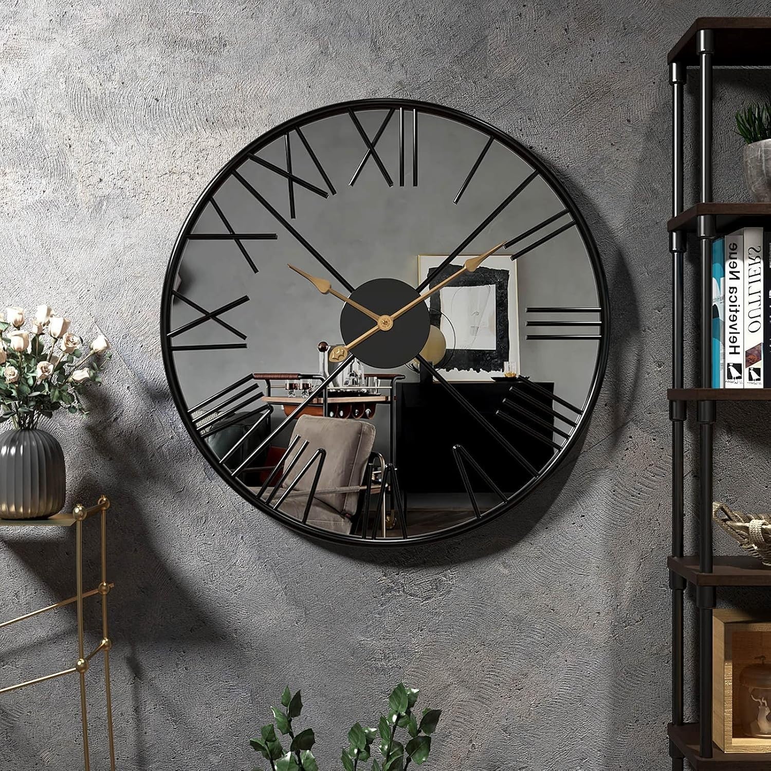 Large 27.5" Modern Roman Numeral Wall Clock | Silent Non-Ticking Mirror Decor