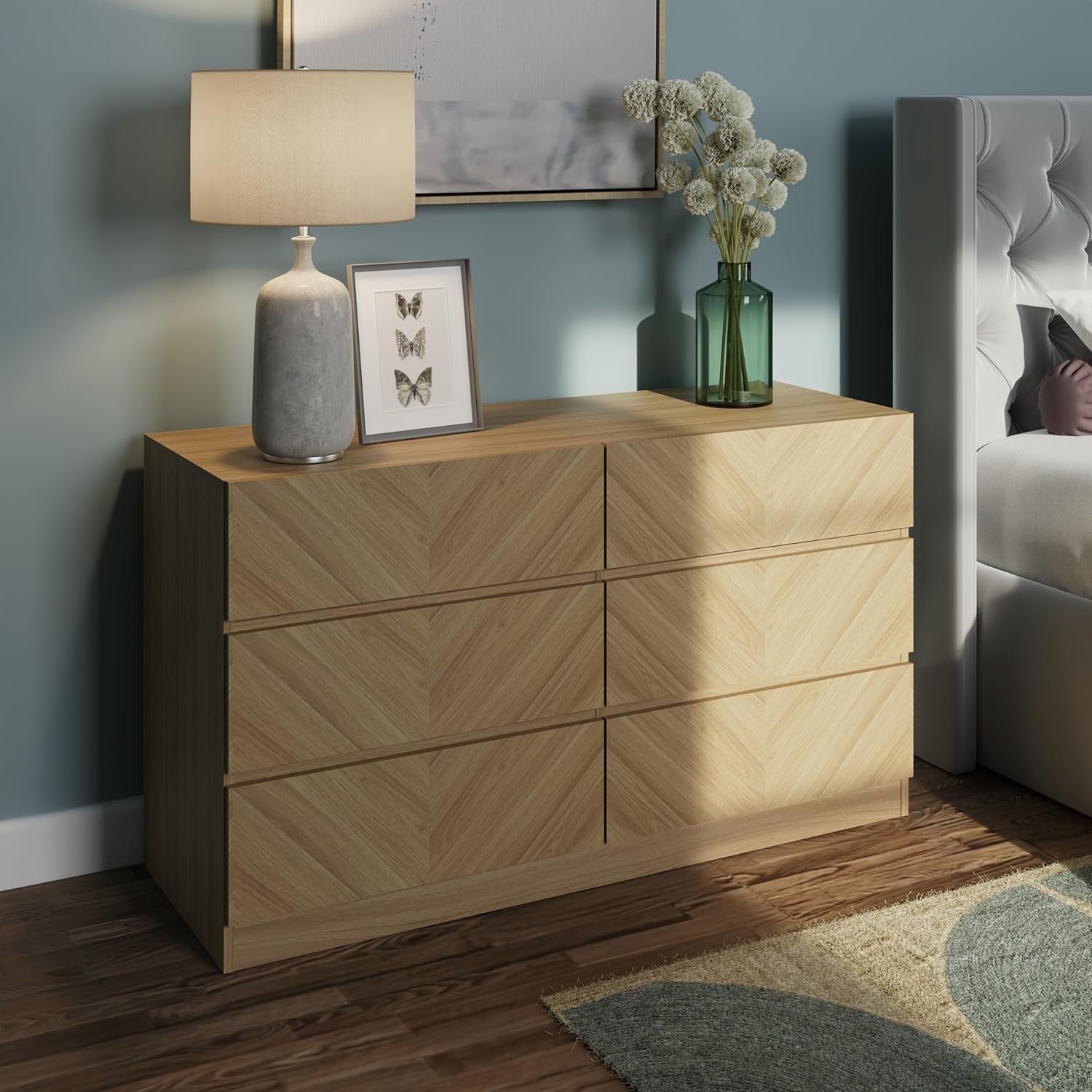 Euro Oak 6 Drawer Chest Herringbone Bedroom Storage Unit Modern Wood