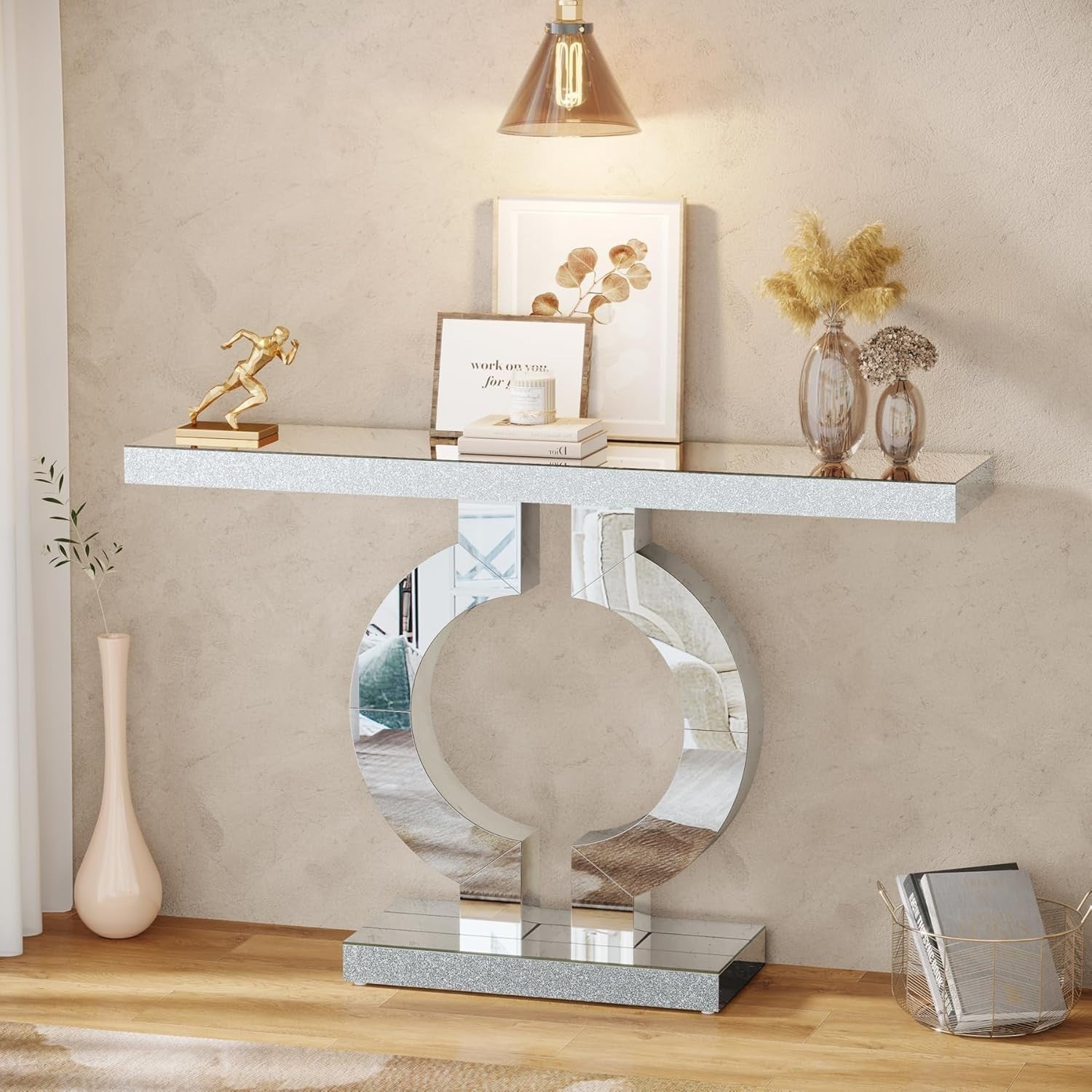 Mirror Console Table Glass Hallway Entryway Desk O-Shape Base 43” Elegant