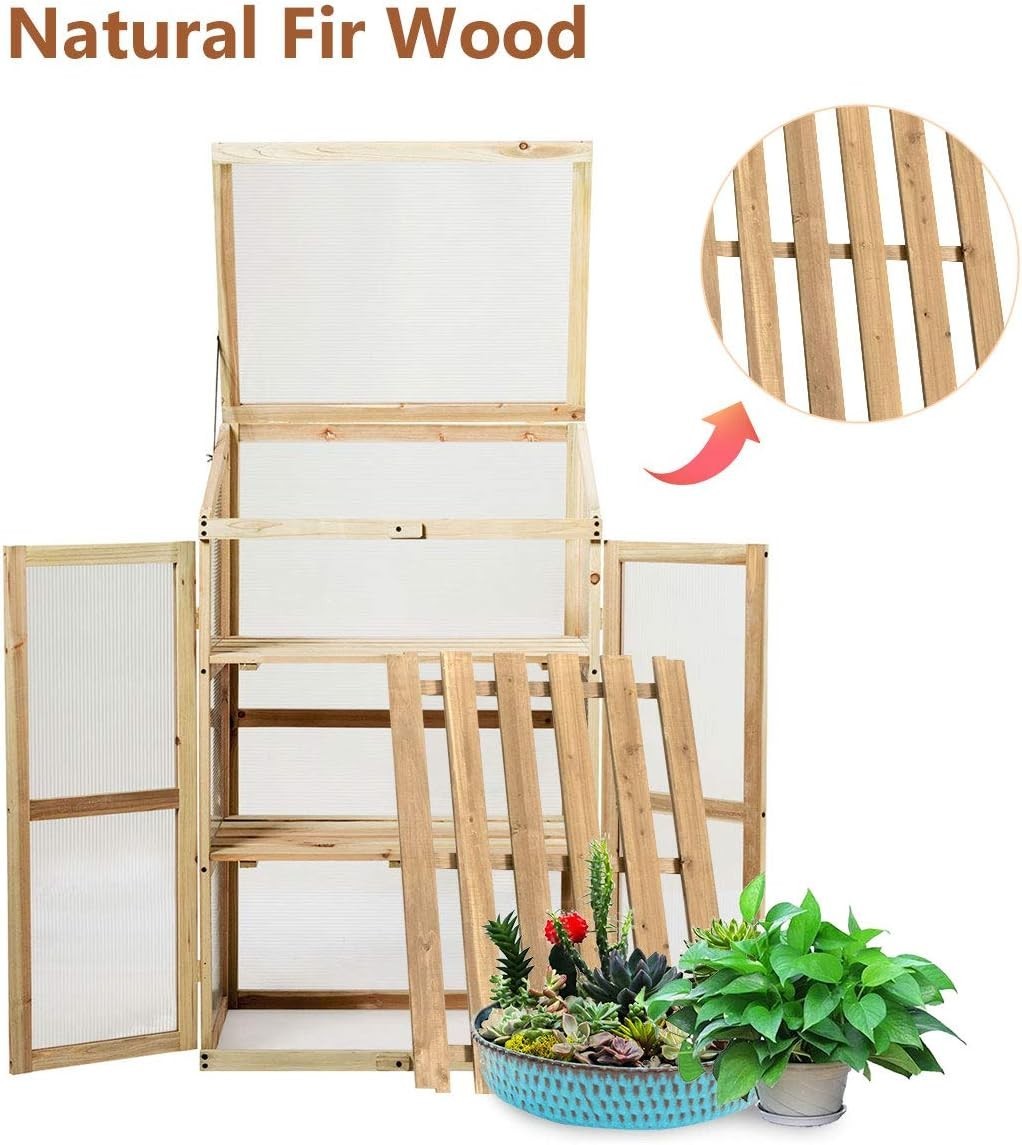 Mini Wooden Greenhouse 3-Tier Cold Frame with Doors & Skylight 60x45x100cm