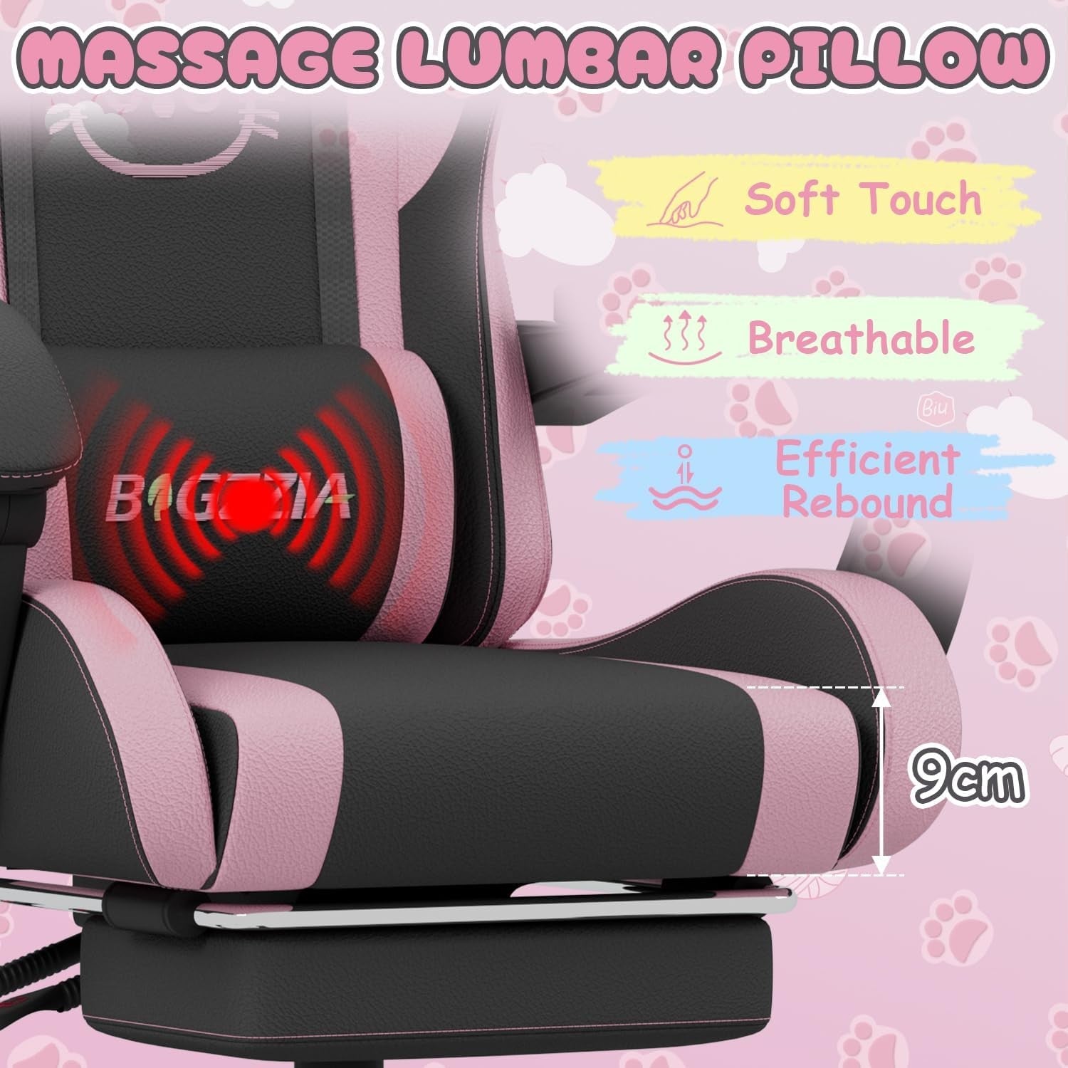 Cute Gaming Chair Cat Ears Massage Footrest Pink Black