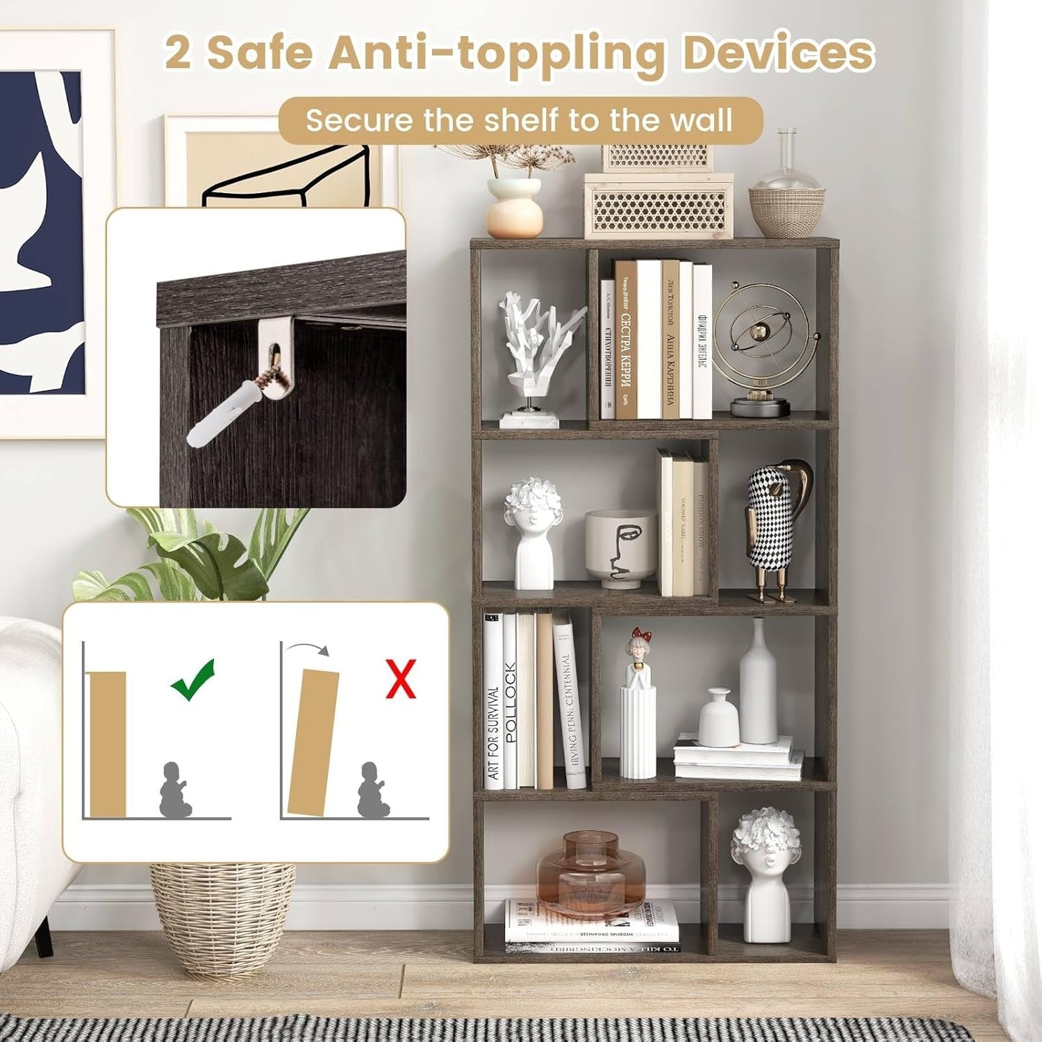 5-Tier Grey Geometric Bookcase Tall Cube Storage Shelf for Living Room Office