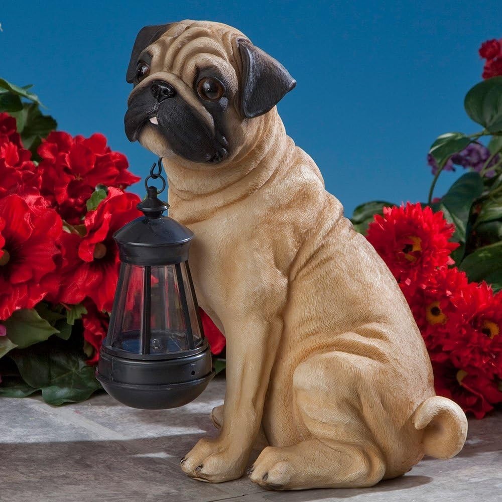 Fawn Pug Solar Lantern Statue Dog Garden Light Resin LED