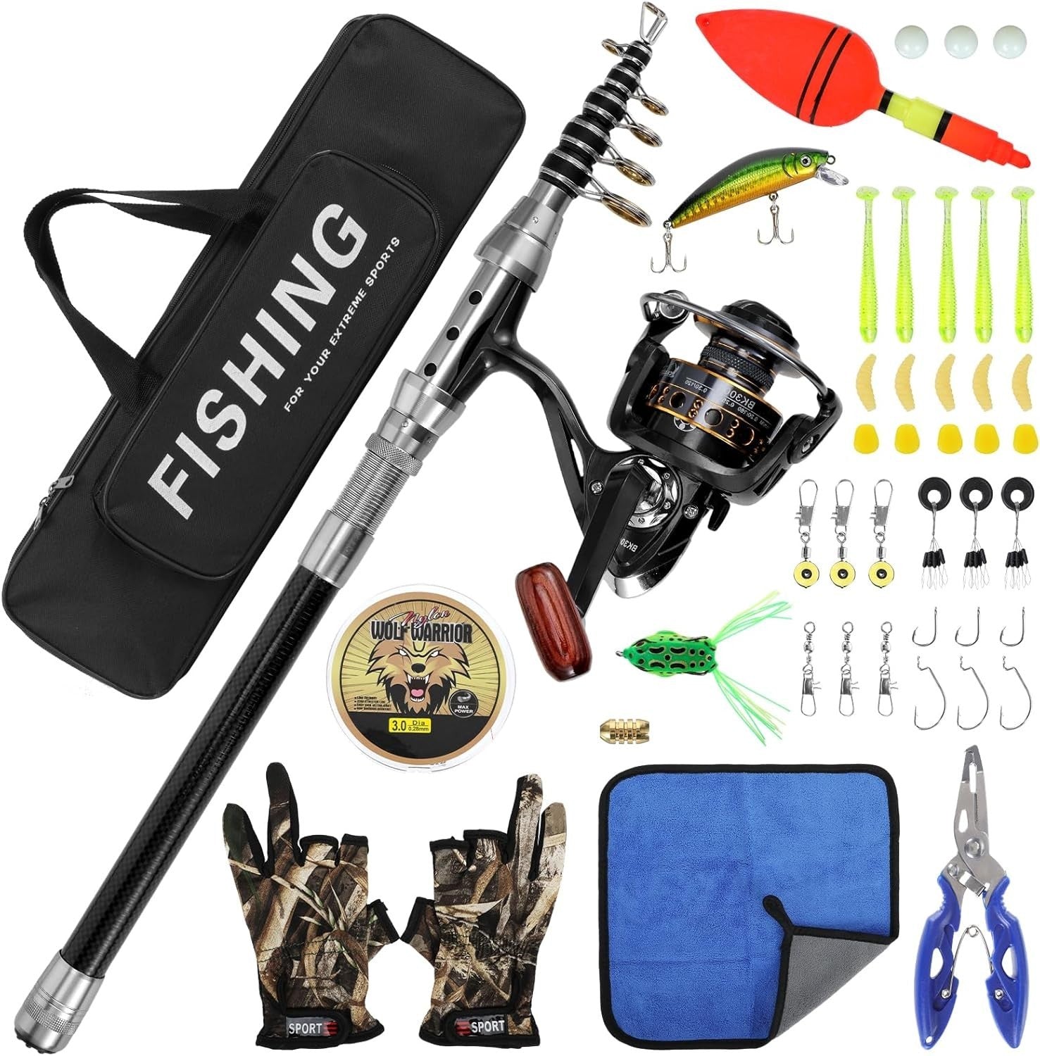 2.1m Telescopic Fishing Rod & Reel Kit with Lures, Line & Carry Bag