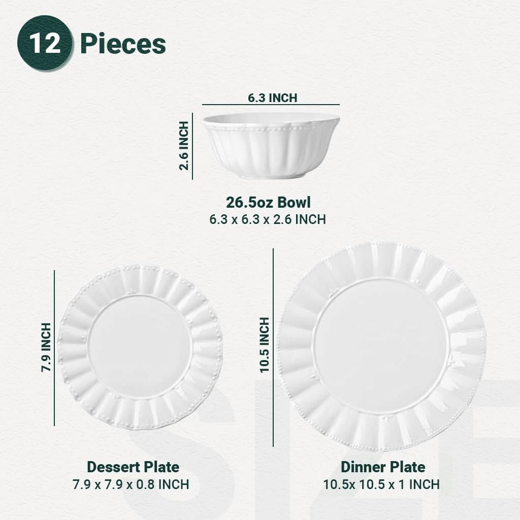 12pc Bone China Dinner Set Plates Bowls White Wavy Design Service for 4